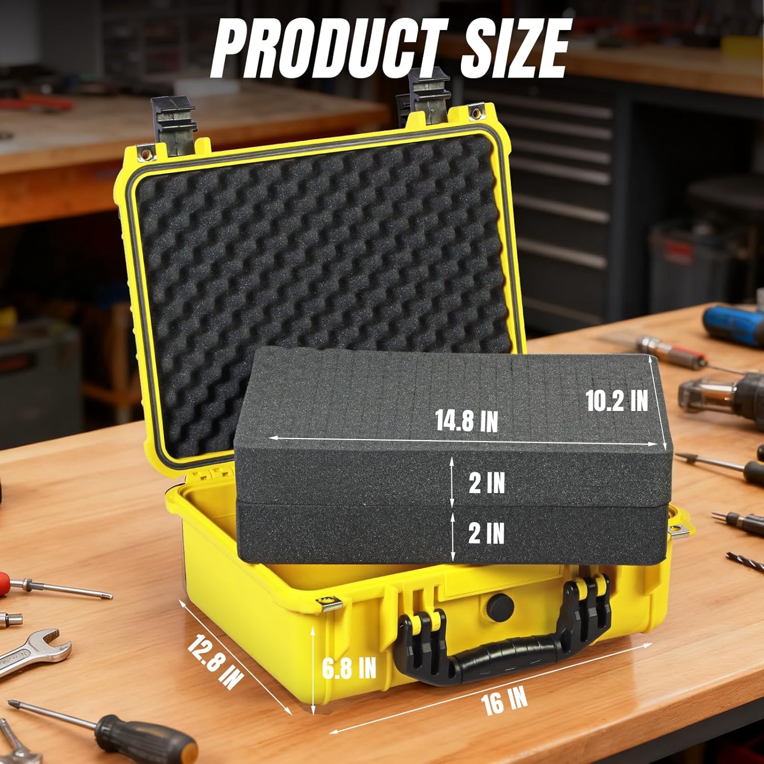 16x 12.8x 6.8 Inch Hard Case, Portable Weather Waterproof Protective Camera Case with Customizable Foam, Fit Use of Drones, Camera, Equipments, Yellow - Image 2