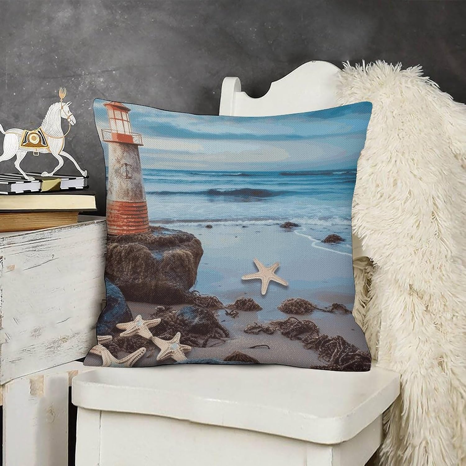 Starfish Lighthouse Beach Pillow Protectors Cute Waterproof Pillow Cover Soft Skin-Friendly Cushion Case Decorative Square Cushion Cover for Couch Sofa Bed Living Room Bedroom