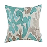 CaliTime High Class Throw Pillow Cover Case for Couch Sofa Home Decoration Vintage Ikat Style Applique Embroidered 20 X 20 Inches Teal & Light Taupe