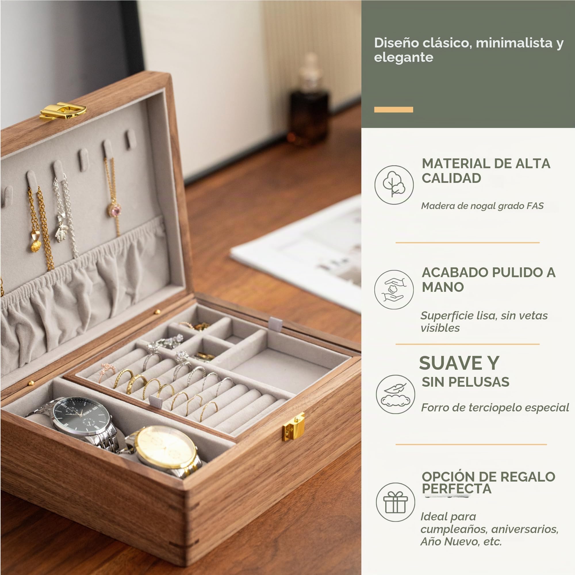muso wood Joyero de madera de nogal auténtico, 2 niveles, caja de joyería de lujo, para collares, pulseras, pendientes, anillos, relojes, con cierre de metal