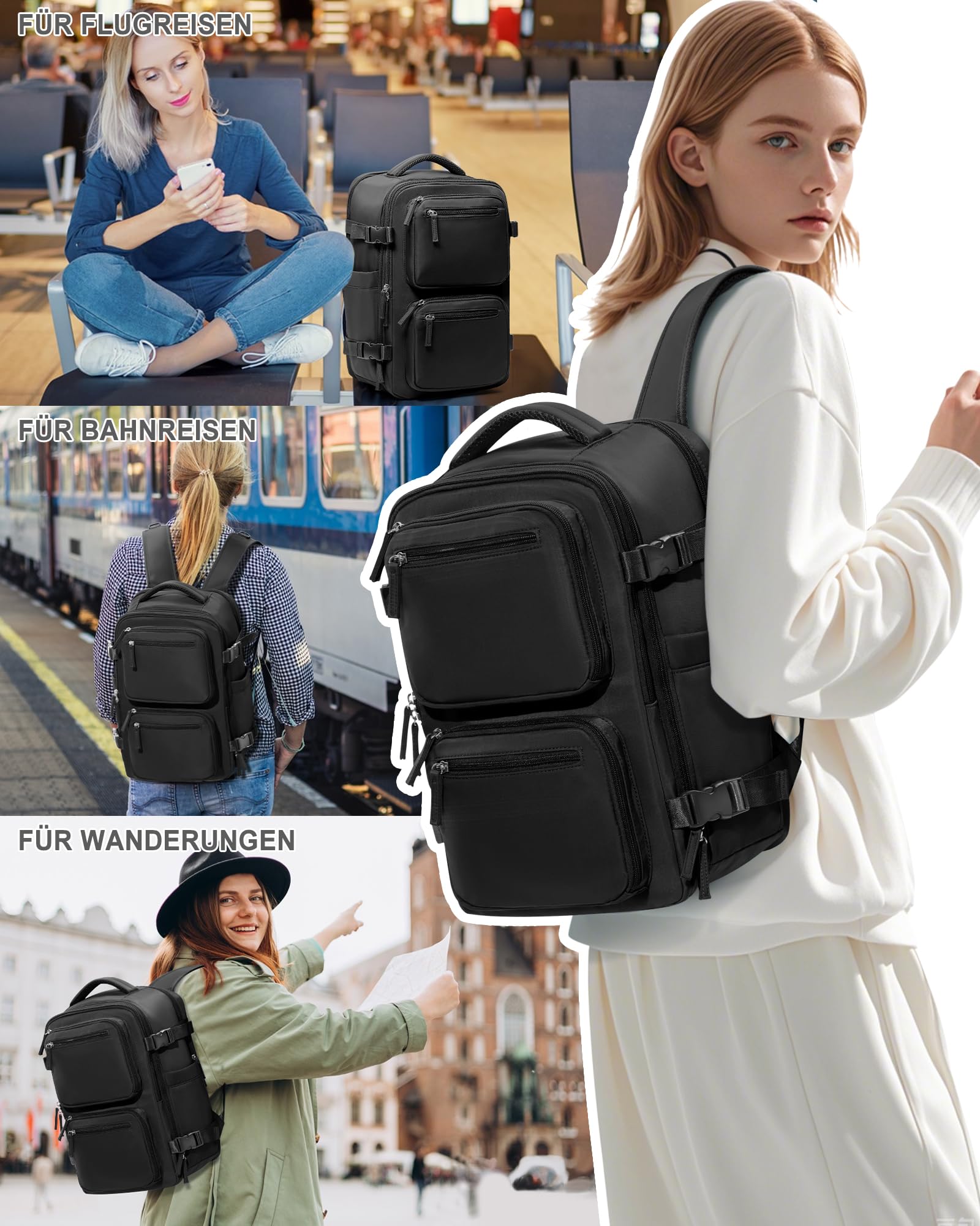 suradar Vakuum Rucksack Handgepäck Vacpack, Ryanair Handgepäck 40x20x25 Vakuum Backpack Travel Airbag Rucksack mit Vakuumsystem, Vacuum Backpack mit Luftpumpe für Flugzeug Herren Damen Schwarz