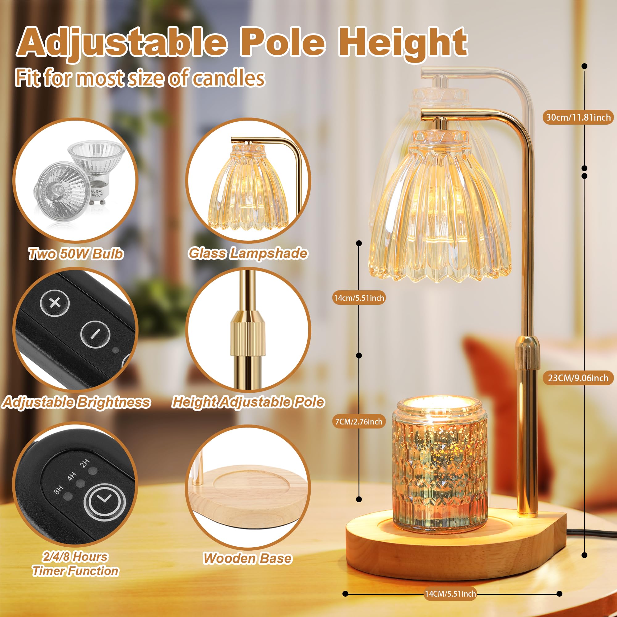 AIFEI Candle Warmer Lamp with Timer, Dimmable Candle Lamp with Adjustable Height, Birthday Gifts for Women Mom, House Warming Gifts New Home, Candle Lamp Warmer for Jar Candles with 2 Bulbs - Wood
