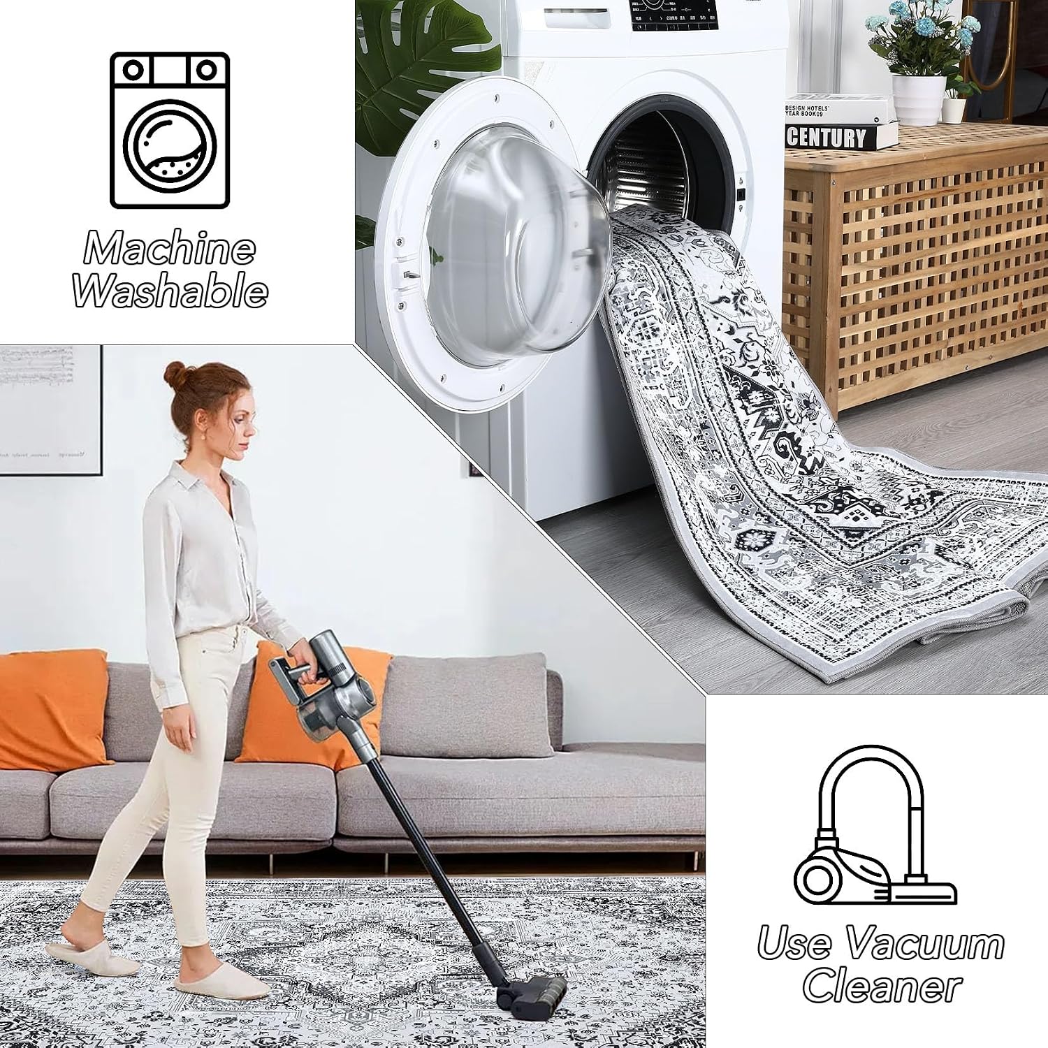 WESTLOOM Washable Rug 5x7 Area Rug Bohemian Rug Vintage Oriental Rug Living Room Rug Non-Slip Boho Bedroom Throw Mat,Grey Floral Printed Non-Shedding Carpet for Dining Room Dorm,5x7