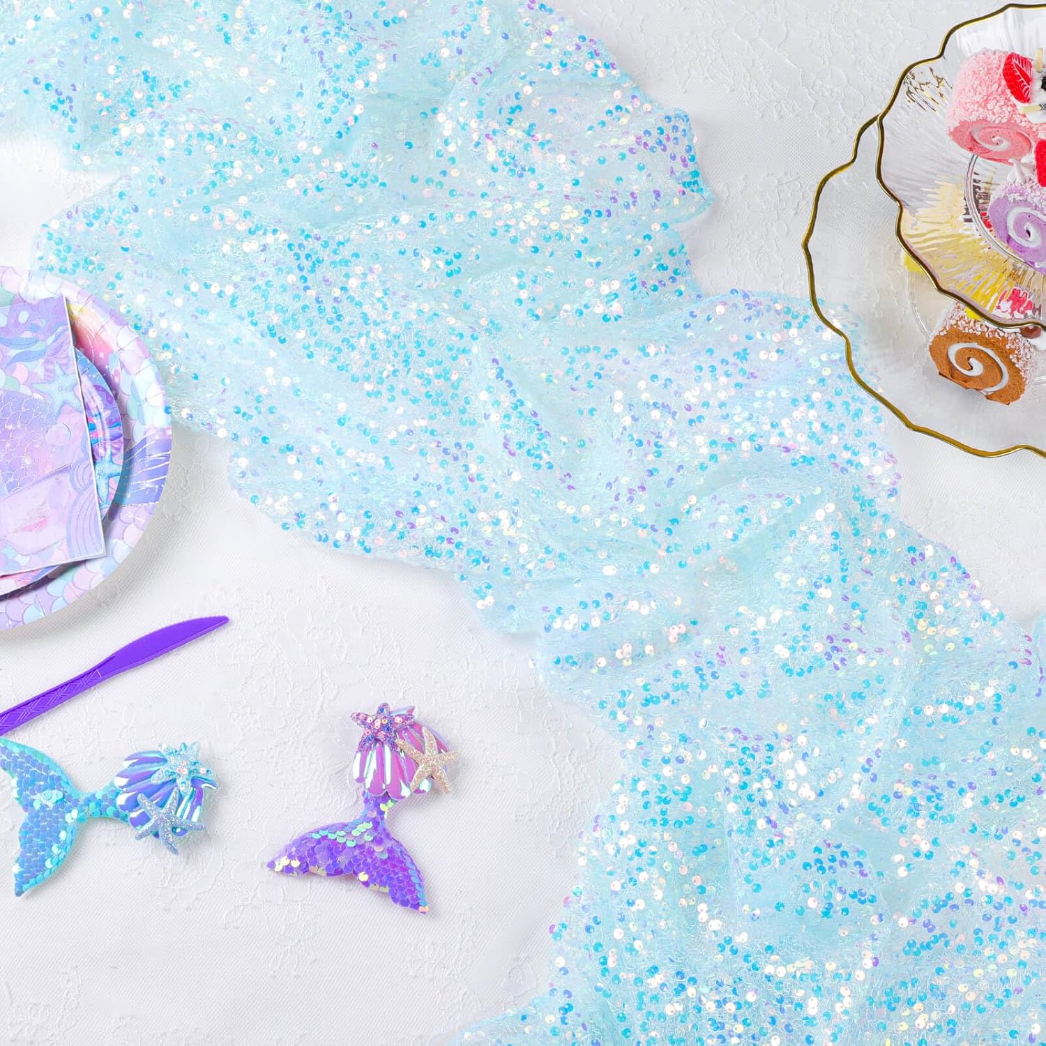 MoKoHouse Blue Table Runner Sequin Fabric - Blue Party Decorations 12 x 72 Inches 4 Packs Table Linens Runner for Ocean Under The Sea Party Decorations