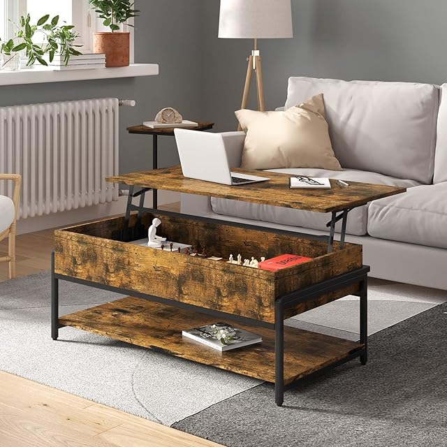 Novilla Metal Frame Lift Top Coffee Table with Large Hidden Storage, 3 Tier Tea Tables for Living Room, industrial Style, Adjustable table legs, Waterproof&Anti-scratch Desktop, Rustic Brown