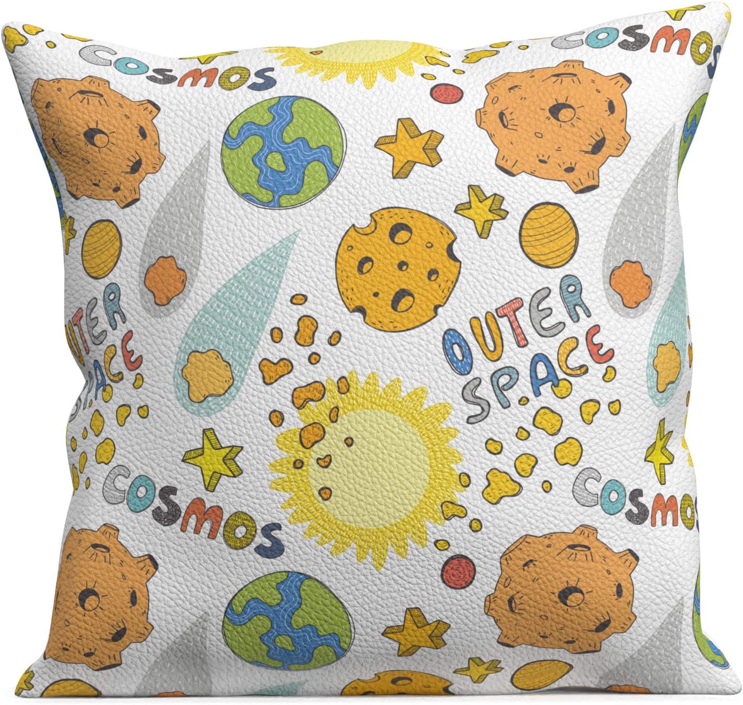 Decorative Cushion PU Leather Throw Pillows 12x12 inch with Print and Inner Cute Cosmos Design Home Decor Bedding Couch Sofa Household Items Office Funny Space Pattern Colored Planets Boy Rocket