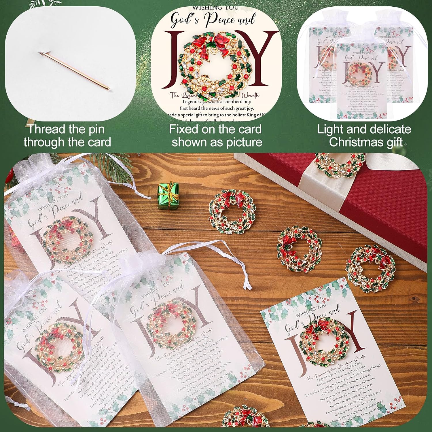 Loetere 50 Sets Christmas Bible Week Gifts Round Wreath Brooch Pin Xmas Vintage Wreath Bowknot Pins with Organza Bag Bulk for Christian Church Women Holiday Xmas Gift Religious Festival Charms