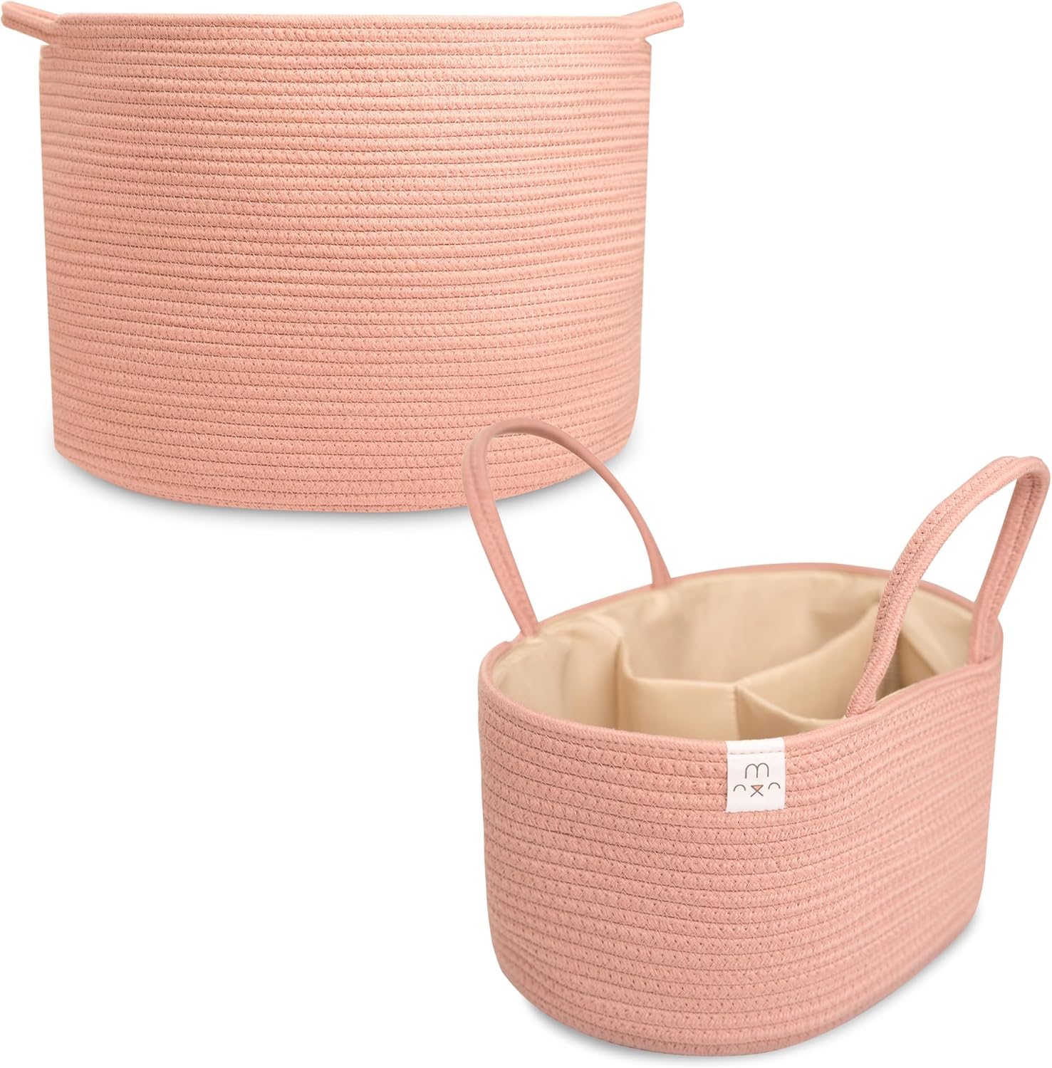 Natemia Extra Large Rope Storage Basket and Cotton Rope Diaper Caddy - Nursery Bin and Toy Organizer Laundry Basket, Basket for Towels, Pillows and Blankets, Perfect Baby Registry Gift - Misty Rose