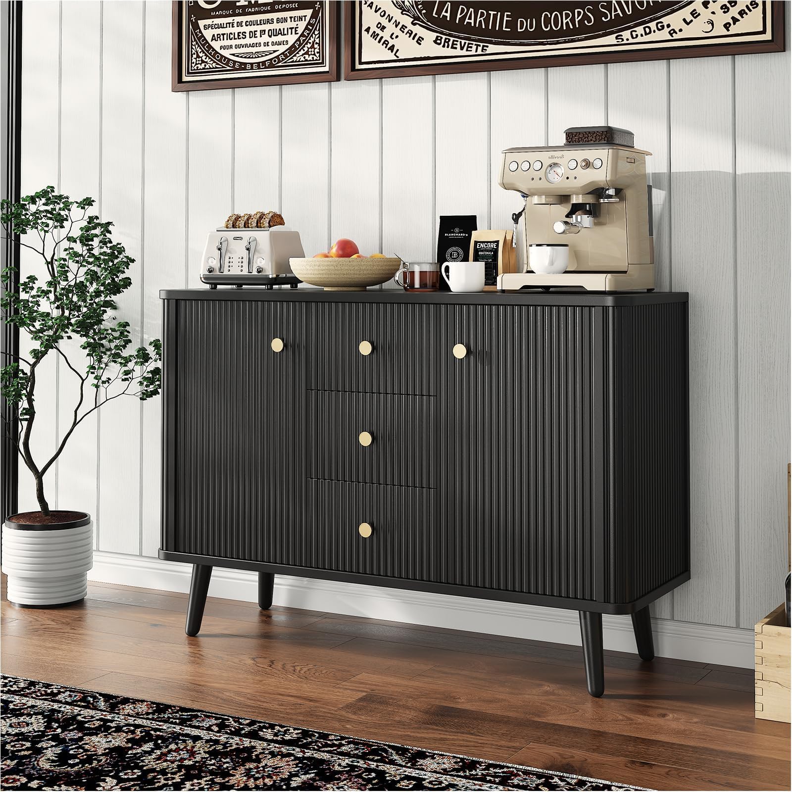 47.2" w Fluted Buffet Cabinet with 3 Drawers & 2 Adjustable Shelves, Storage Cabinet with 2 Door, Modern Mid Century TV Stand Coffee Bar Cabinets for Living Room, Kitchen, Entryway