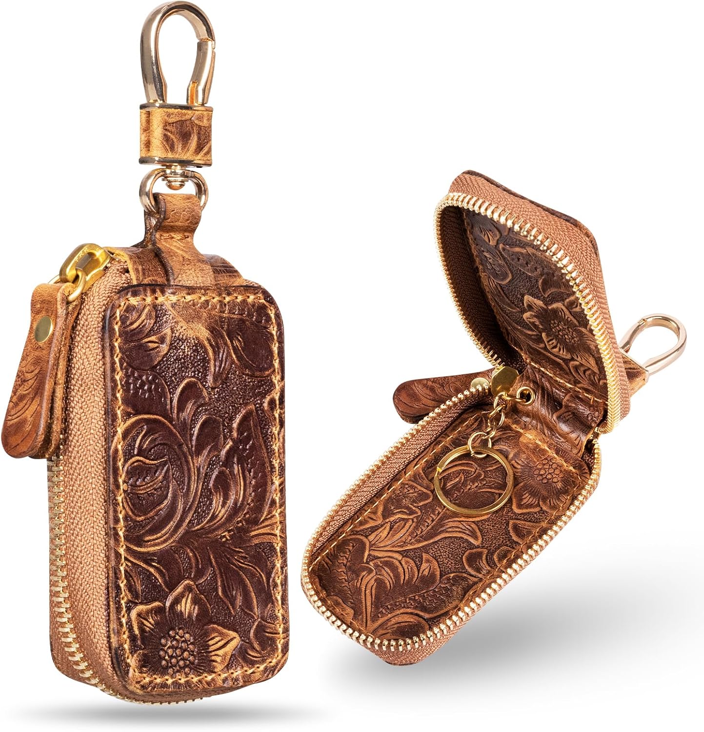 Gexmil Genuine Leather Zipper Car Key Case, Full Grain Leather, Pure Brass Hardware, Hand-made Universal Car Key Holder, Mini Coin Bag for Women Men,Floral Brown