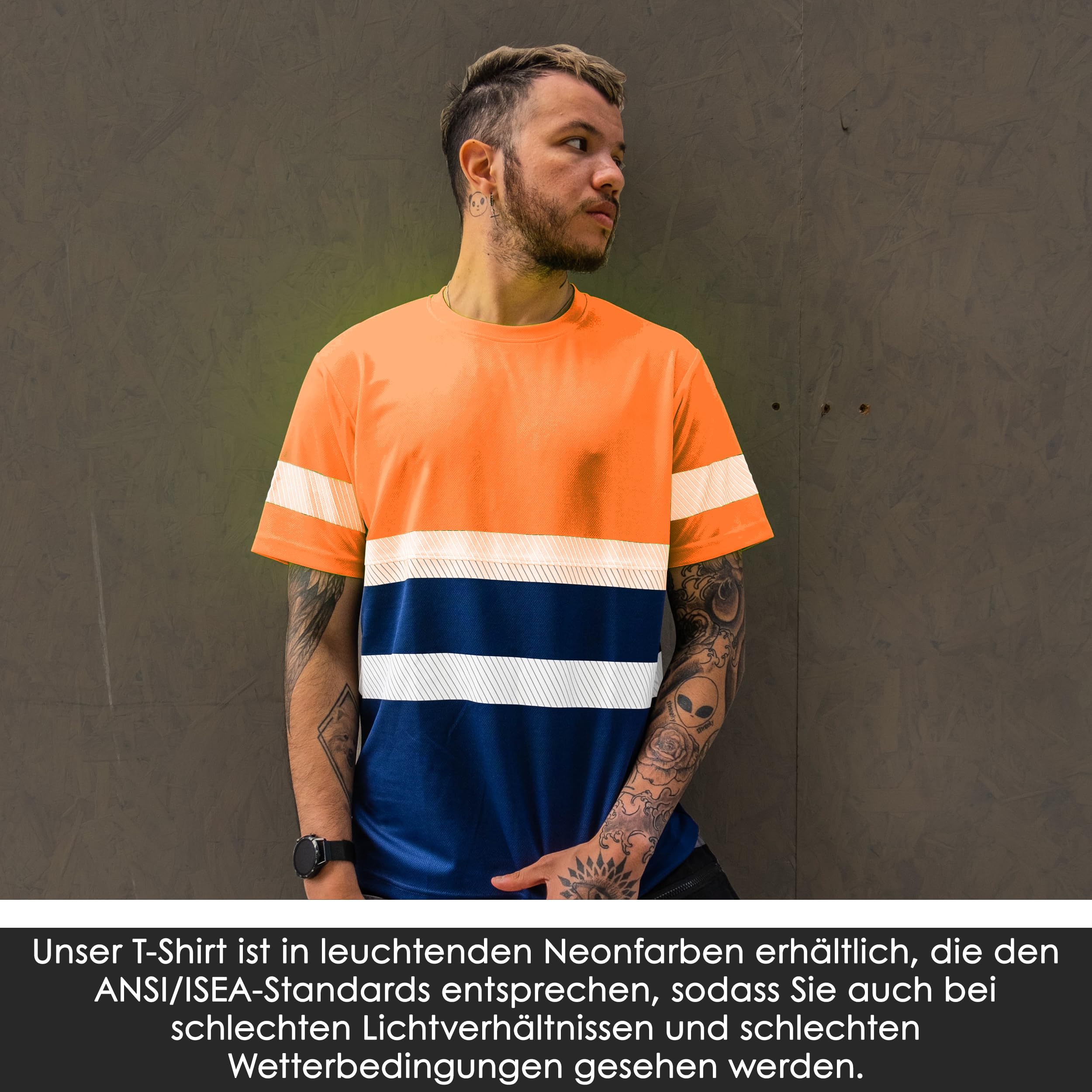 T-Shirt Haute Visibilité - Réfléchissant - Tee-Shirt de Protection de Sécurité - Avertissement - Hi-Vis - Orange/Marine - L