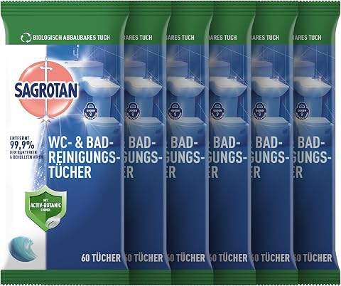 Sagrotan WC-Reinigungstücher – Für eine hygienisch saubere und glänzende Toilette – 6 x 60 Desinfektionstücher in wiederverschließbarer Verpackung