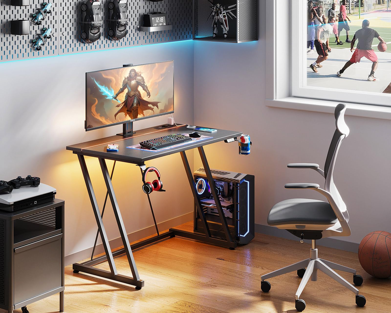 ODK Bureau Gaming LED, 80 x 50 cm Bureau Gamer, Table Gaming avec Porte-Gobelet et Crochet pour Casque D'écoute, Fibre de Carbone Noir
