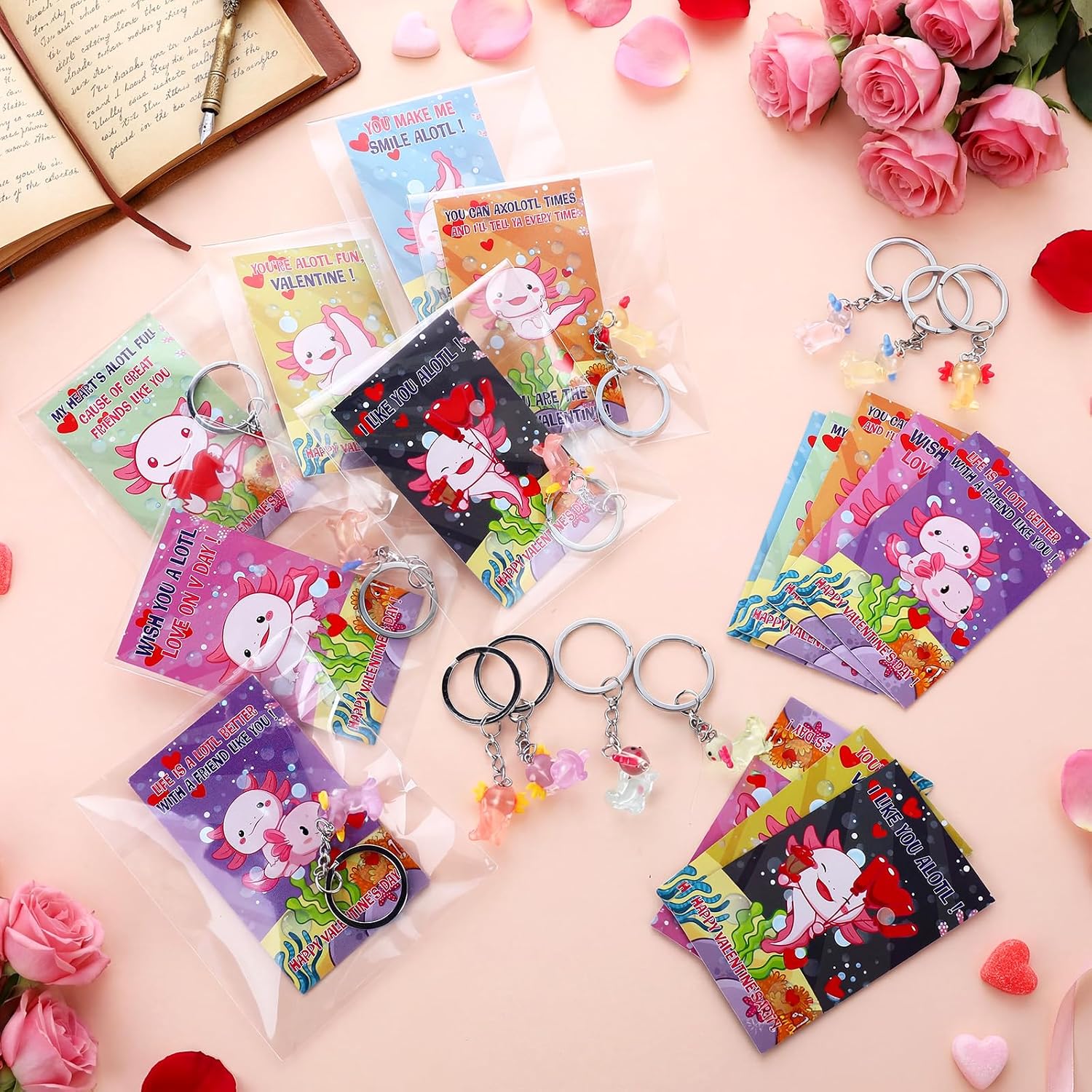 HyDren 28 Sets Valentine Axolotl Gifts for Kids Axolotl Keychains with Cards Gift for Valentine School Classroom Exchange Party Favors(Clear,Light Color)
