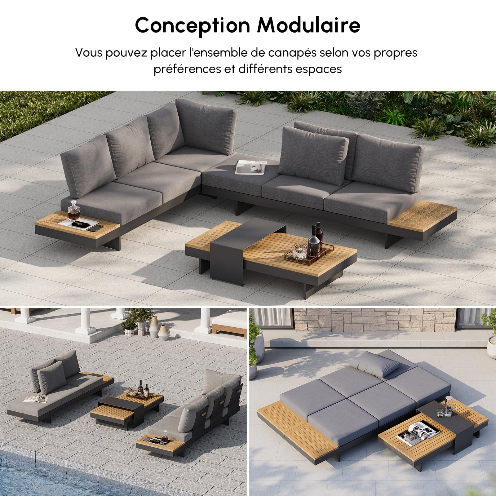Homary Salon de Jardin Extérieur 6 Places Modulable Aluminium & Teck