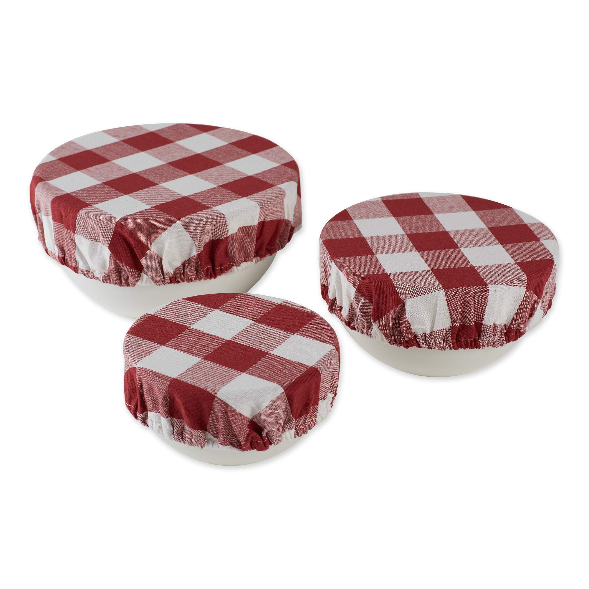 DII Reusable Cloth Bowl Cover Collection Machine Washable, Cotton with Elastic Stretch for Food Storage, 10.25"/8.25"/7.5" Diameter, Farmhouse Plaid, Barn Red, 3 Piece
