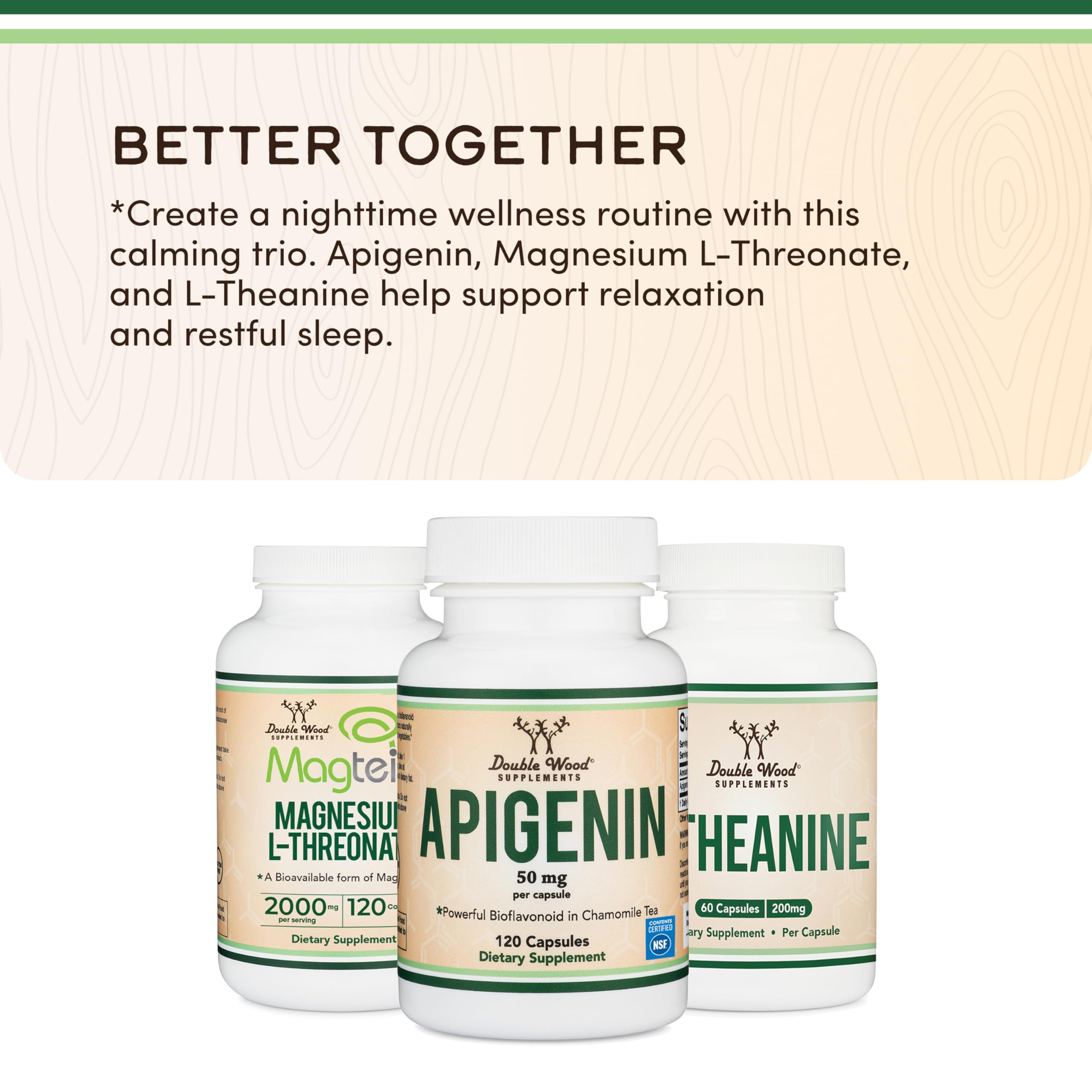 Apigenin Supplement - 50mg per Capsule, 120 Count (Powerful Bioflavonoid Found in Chamomile Tea for Relaxation, Nighttime, and Mood) Manufactured and Tested in The USA, by Double Wood Supplements