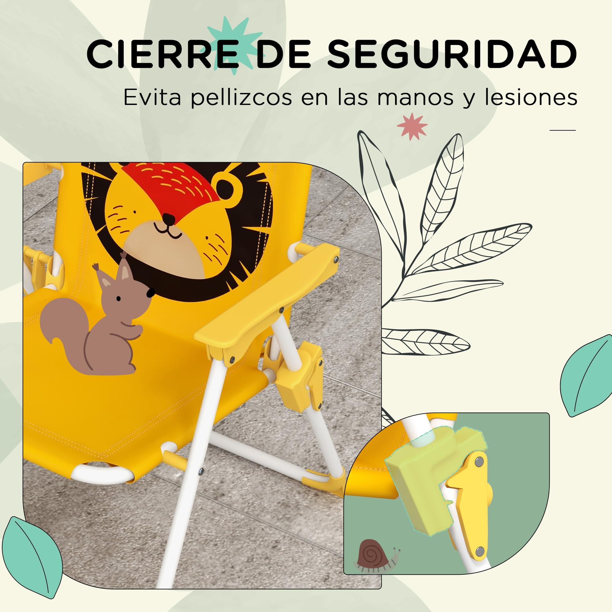 Outsunny Conjunto de Mesa y Sillas para Exterior Infantil Set de 2 Sillas Plegables y Mesa para Niños Mesa con Sombrilla Ajustable en Altura Temática de León para Jardín Patio Amarillo y Marrón