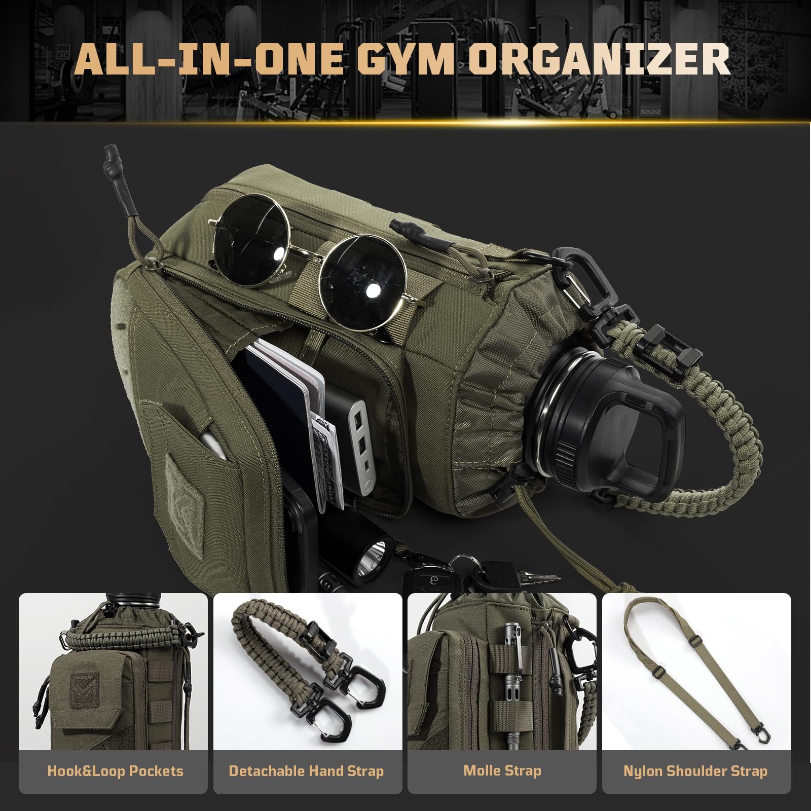 1TG Tactical Magnetyczna torba gimnastyczna na butelkę, 1-2 l, dla mężczyzn i kobiet – uchwyt na wodę z kieszenią na telefon komórkowy, zdejmowany klips magnetyczny, panel MOLLE i regulowany pasek do