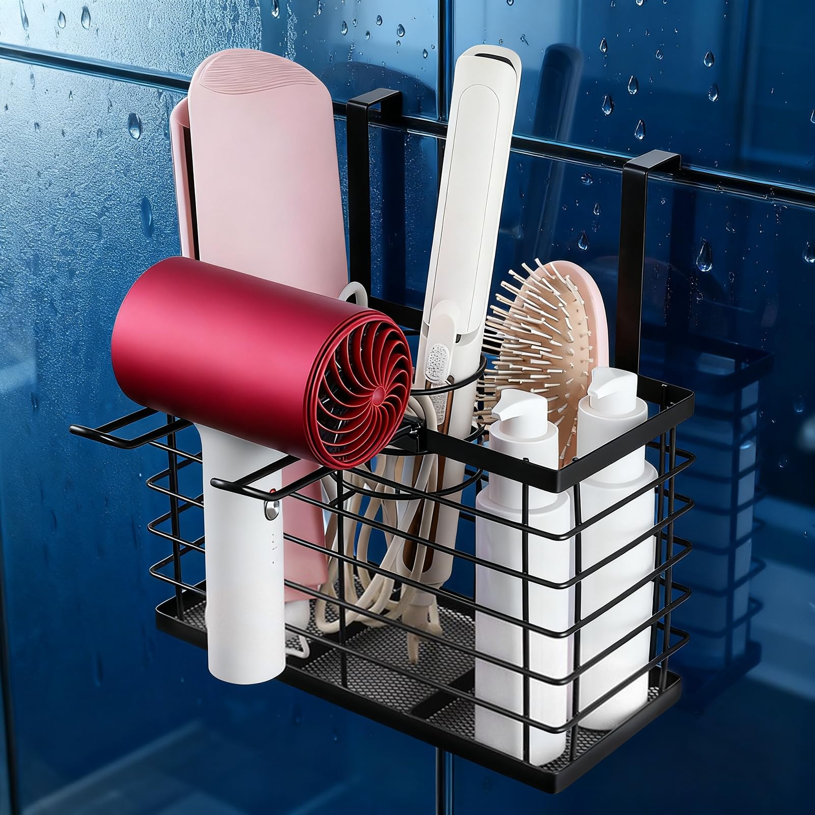 Support de sèche-cheveux réglable en hauteur 3 en 1 pour porte d'armoire de rangement pour sèche-cheveux, fers plats, baguettes à friser