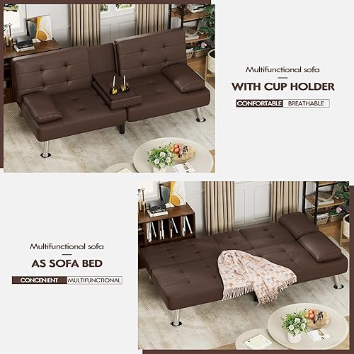 Miniatura 18 de JUMMICO Sofá futón de piel sintética con reposabrazos extraíbles, sofá cama ajustable con 2 portavasos para sala de estar (piel sintética, gris)