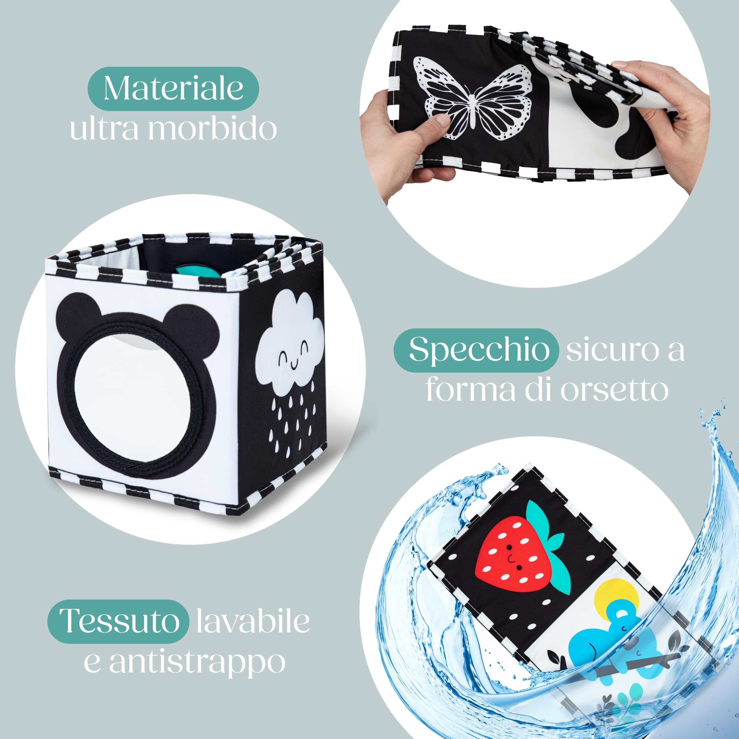 Libro Sensoriale Neonati con Specchio Teddy - Libro Bianco e Nero Stoffa Montessori, Ultra Morbido Lavabile per Sviluppo Visivo 0-12 Mesi