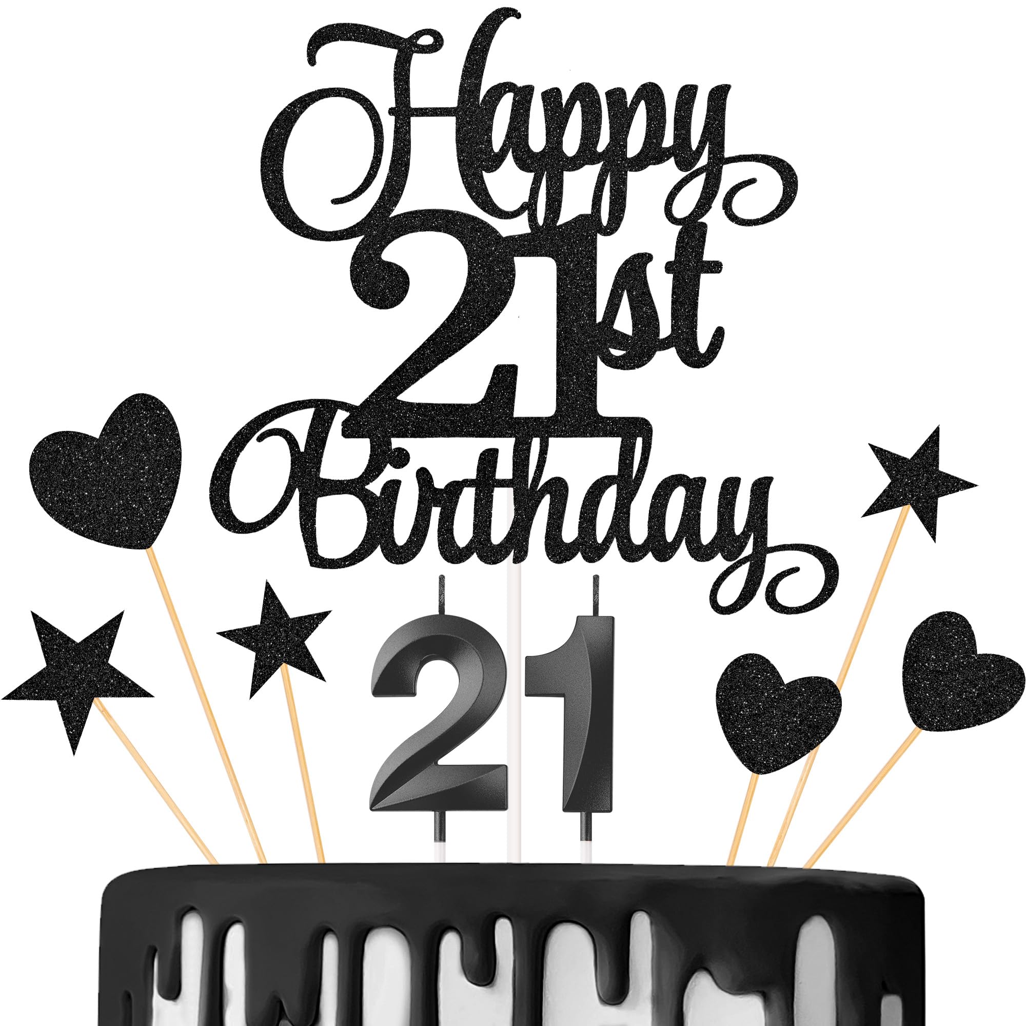 Lecferrarc 21st Birthday Cake Toppers, 21st Birthday Candles Numeral Candles and Glitter Cake Decorations Toppers Set for Party Supplies (Black)