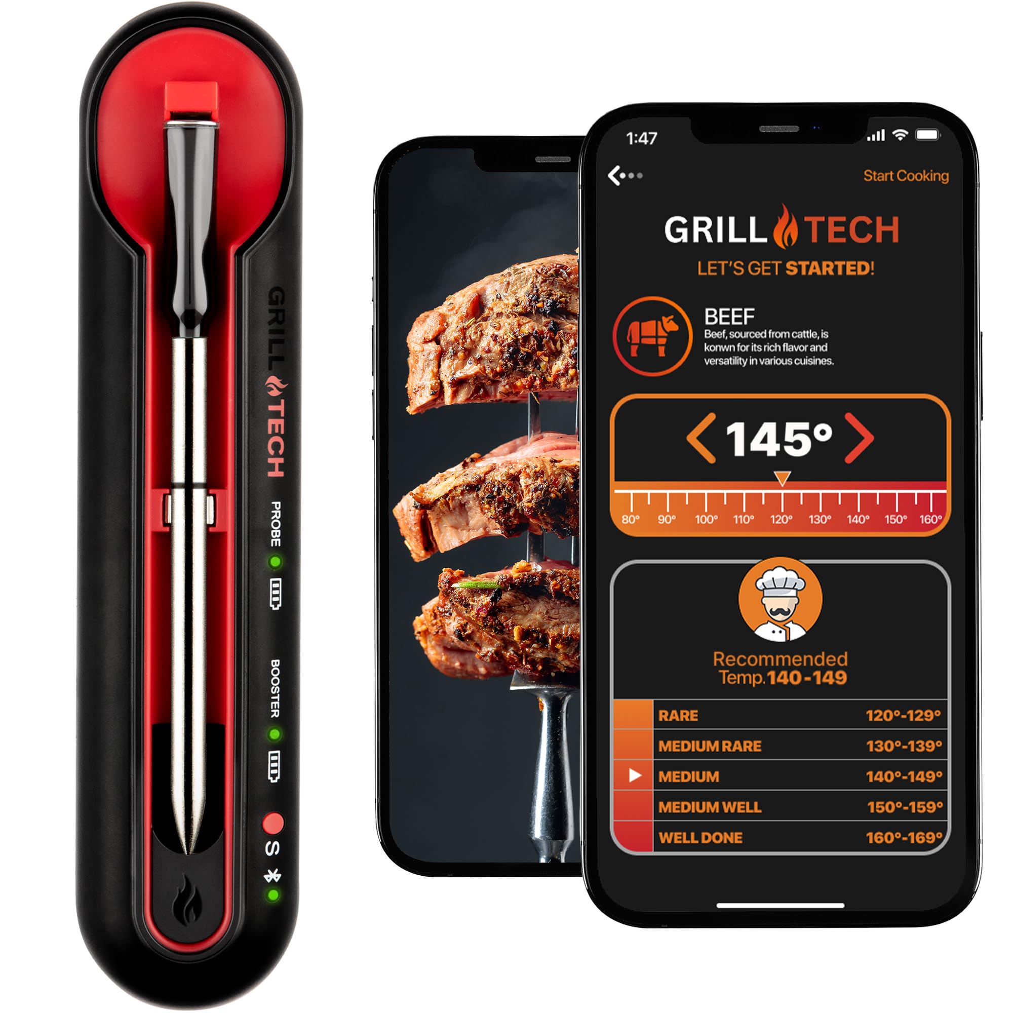 Grill Tech Smart Bluetooth Meat Thermometer Wireless Thermometer for Grilling and Smoking, Precision Accuracy, 950ft Range, USB-C Rechargeable Case,