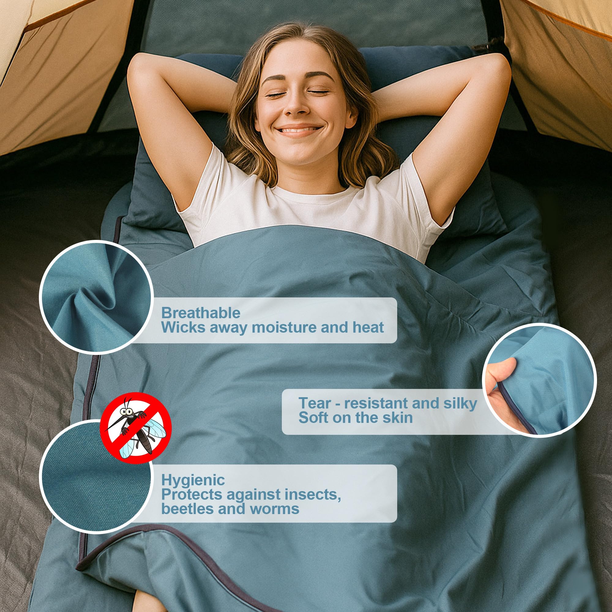 Saco de Dormir 2 en 1 220 x 95 cm Funda Interior Manta con Cremallera Compartimento para Almohada Campamento Mochilero