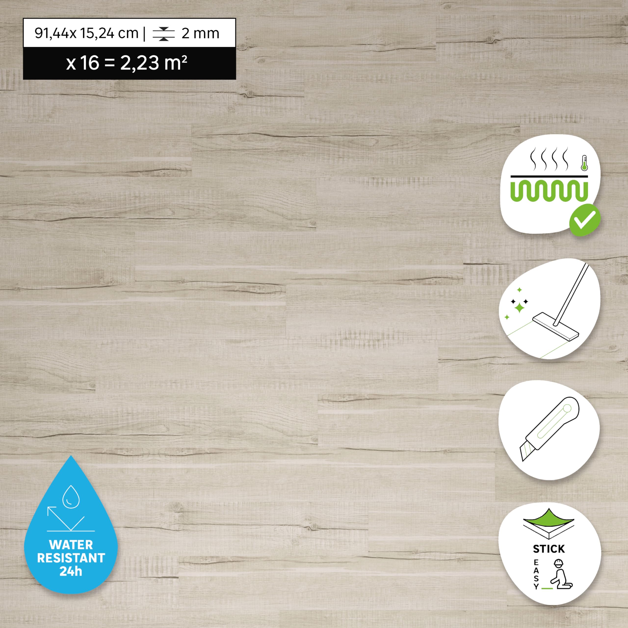 ARTENS - PVC Bodenbelag - Selbstklebende Vinyl-Dielen Horsens - Vinylboden - Medio - Holzeffekt - Hellbeige - L.91,44 cm x B.15,24 cm - Dicke 2 mm - 2,23 m²/ 16 Dielen - Belastungsklasse 31
