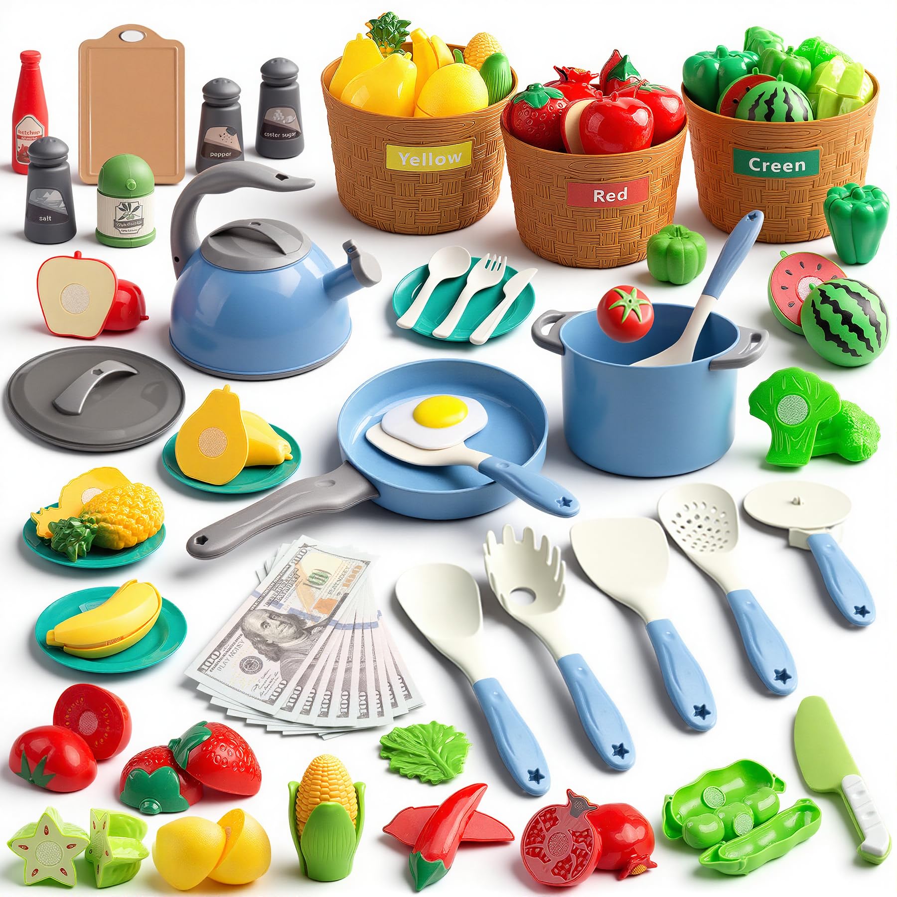 90Pcs Kitchen Playset Accessories, Pretend Cooking with Pots, Pans, Cookware, Food, Fruit, Veges, Color Sorting Baskets, Prop Money, Learning Gift for