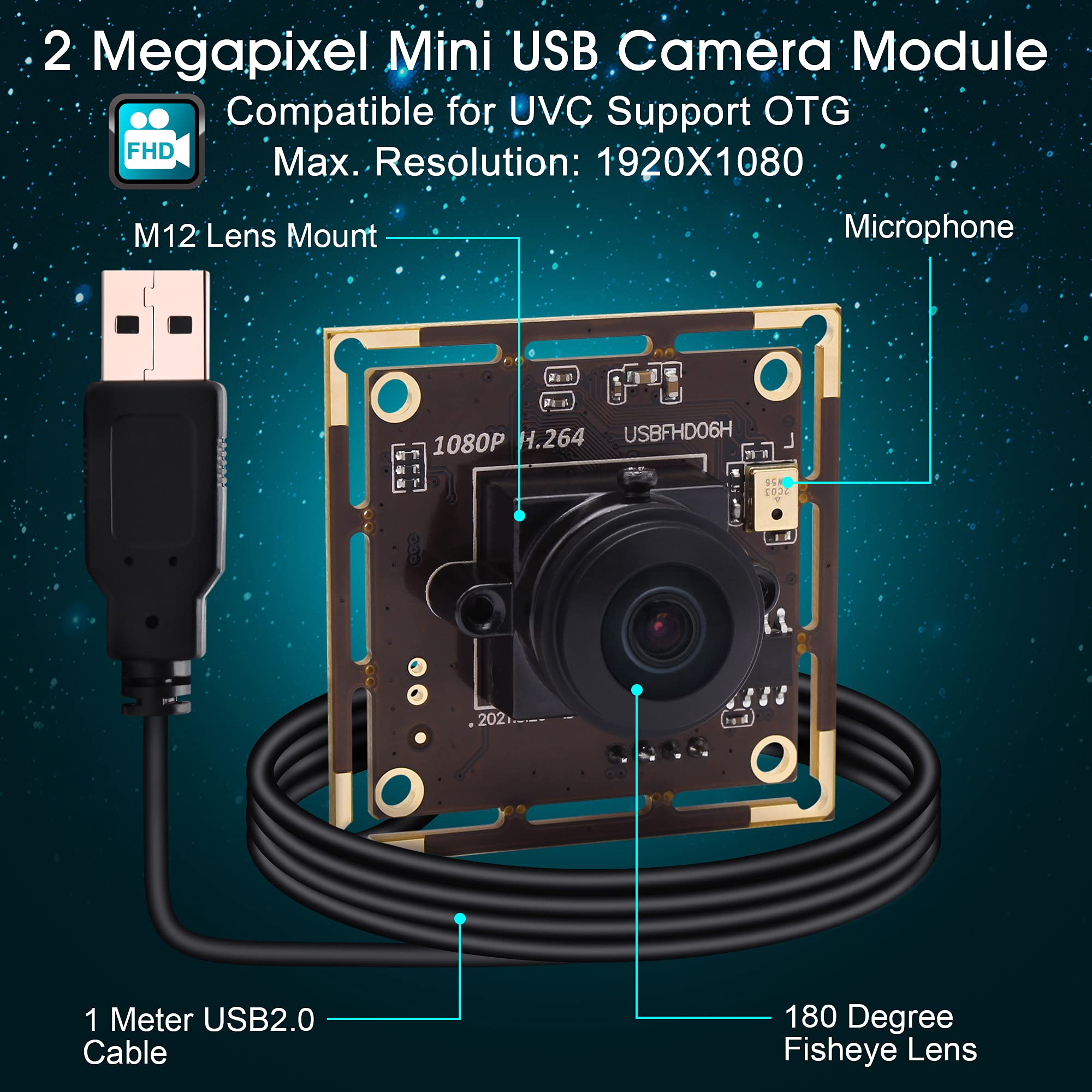 ELP Cámara web de 1080P con micrófono, sensor IMX323, módulo de cámara USB Full HD H.264, Plug and Play, cámara web de 2 megapíxeles 30FPS gran angular de baja iluminación USBFHD06H-L180