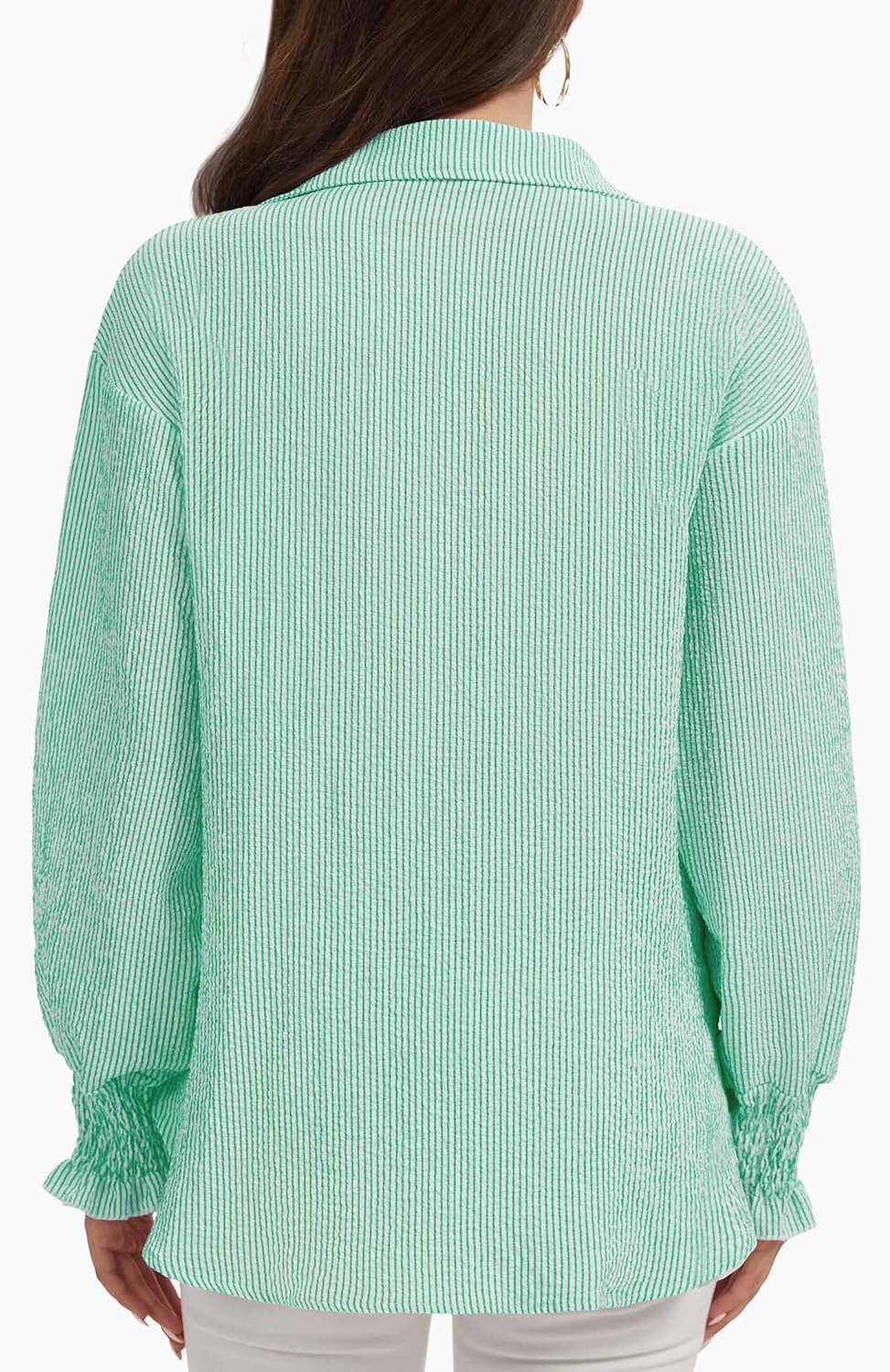 WEACZZY Women's Striped Button Down Shirts Long Sleeve Smocked Cuffed Oversized Boyfriend Blouses Collared Causal Tops - Image 4