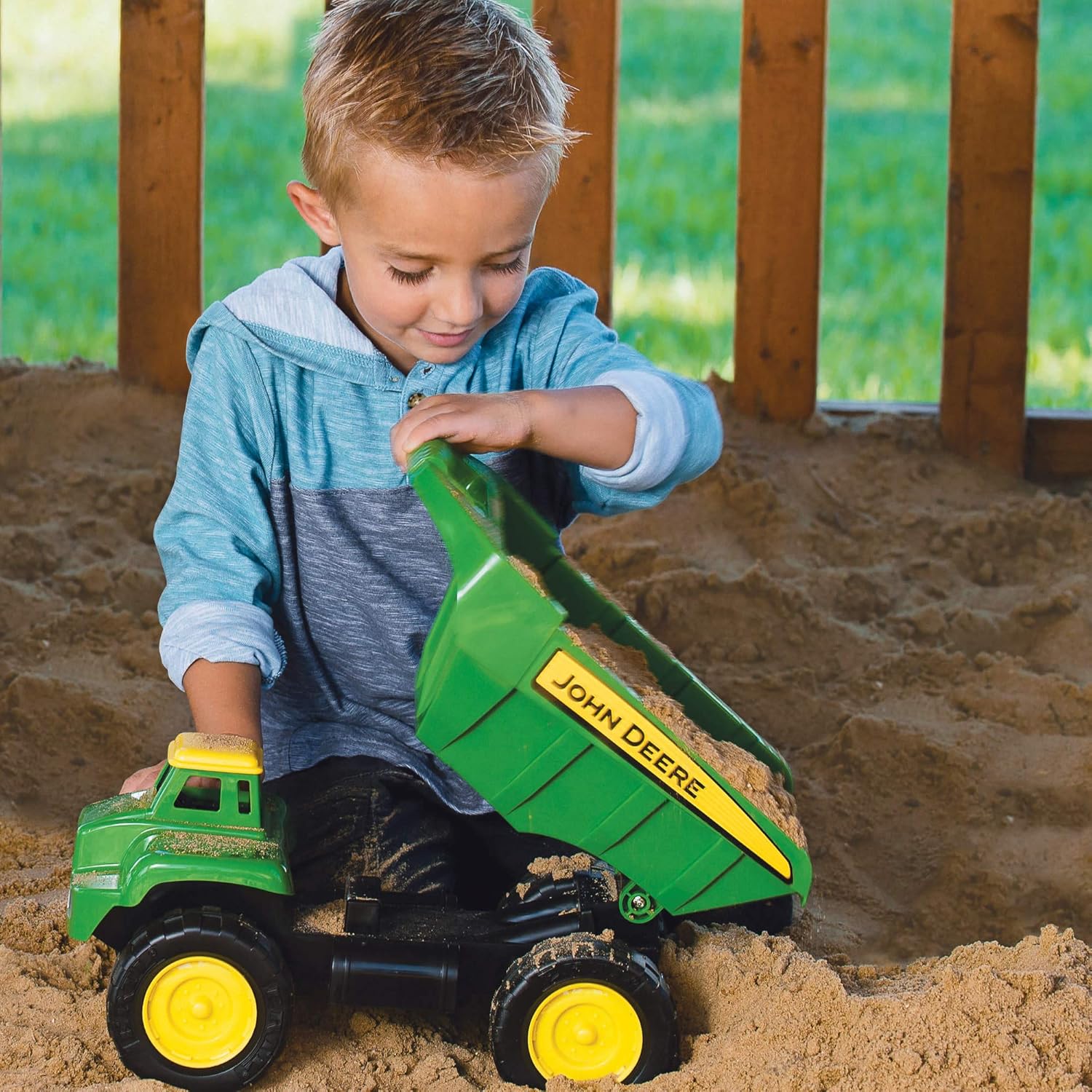 TOMY Big Scoop John Deere Sandbox Dump Truck Toy - Includes Titling Dump Bed and Sand Tools - Sand Toys for Kids - 15 Inch - 3 Years and Up