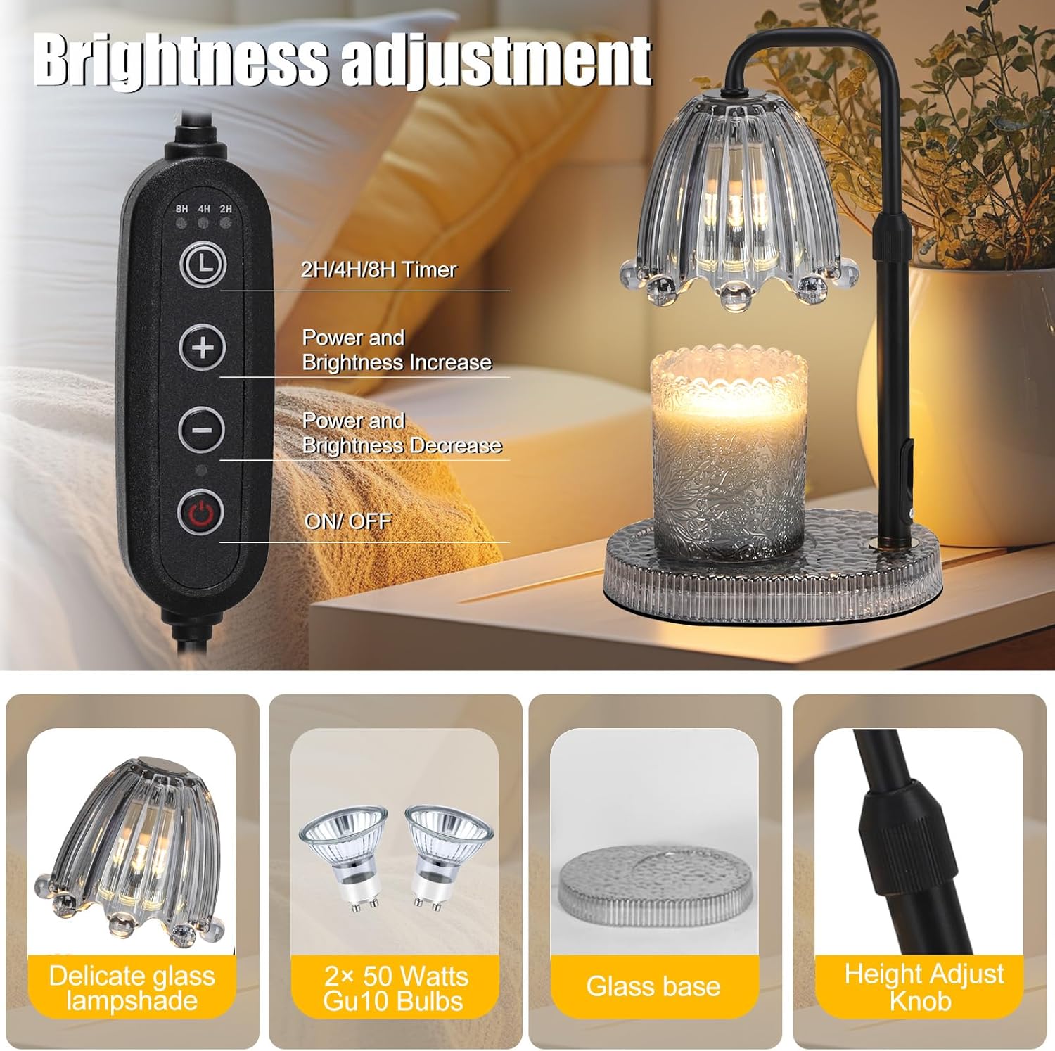 Candle Warmer Lamp with Timer - Electric Wax Melt Warmer with Adjustable Height and Dimmer for Scented Candle Wax, Home Fragrance Décor and House Warming Birthday Gifts for Women Mom
