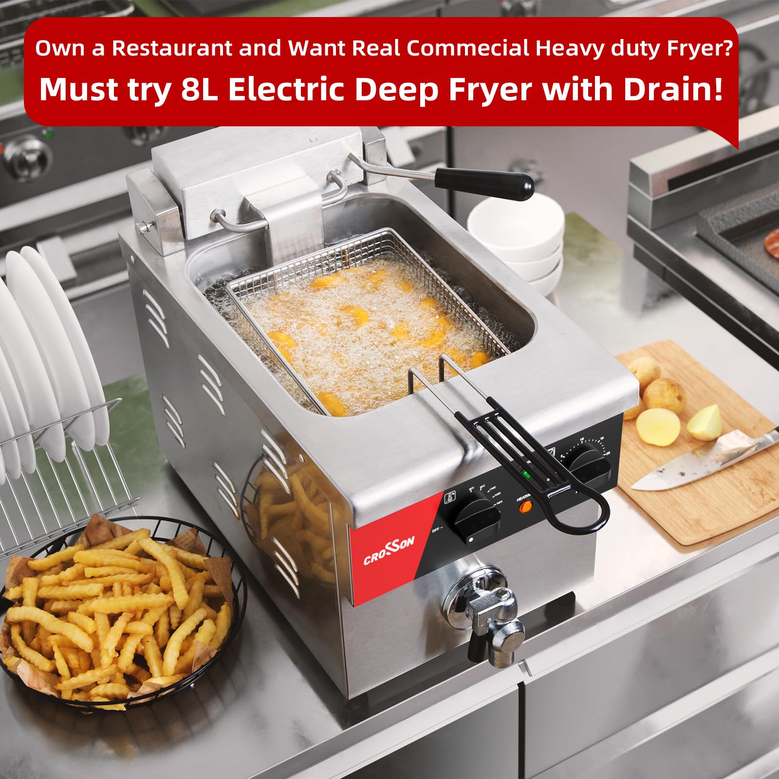 CROSSON Friteuse Electrique Professionnelle en acier inoxydable 8L,230V/3250W Friteuse a Huile électrique avec Robinet,Régulateur de Température 80℃-200℃,avec Panier et Couvercle