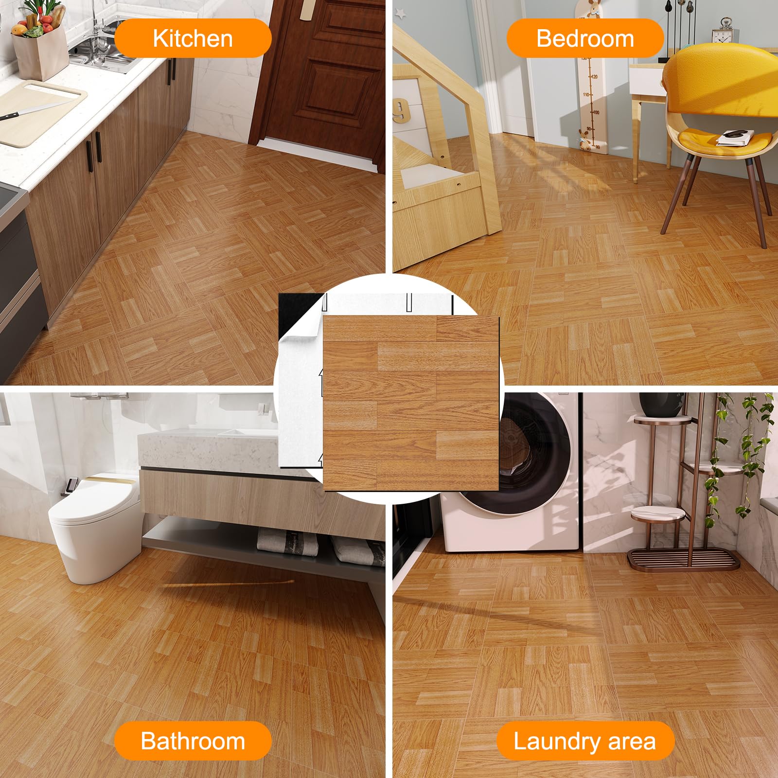 Lot de 30 carreaux de sol autocollants en vinyle imperméable pour salle de bains, cuisine, mur, cheminée (30,5 x 30,5 cm, chêne naturel)