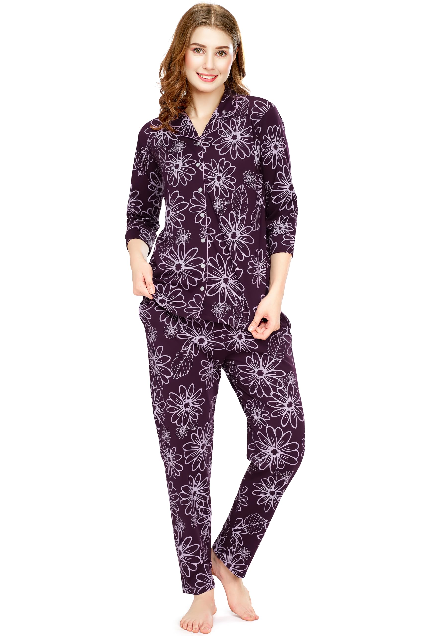 zeyo Night Suit for Women's Floral Printed Cotton Night Dress of Shirt and Pajama Set 5764-picture-45