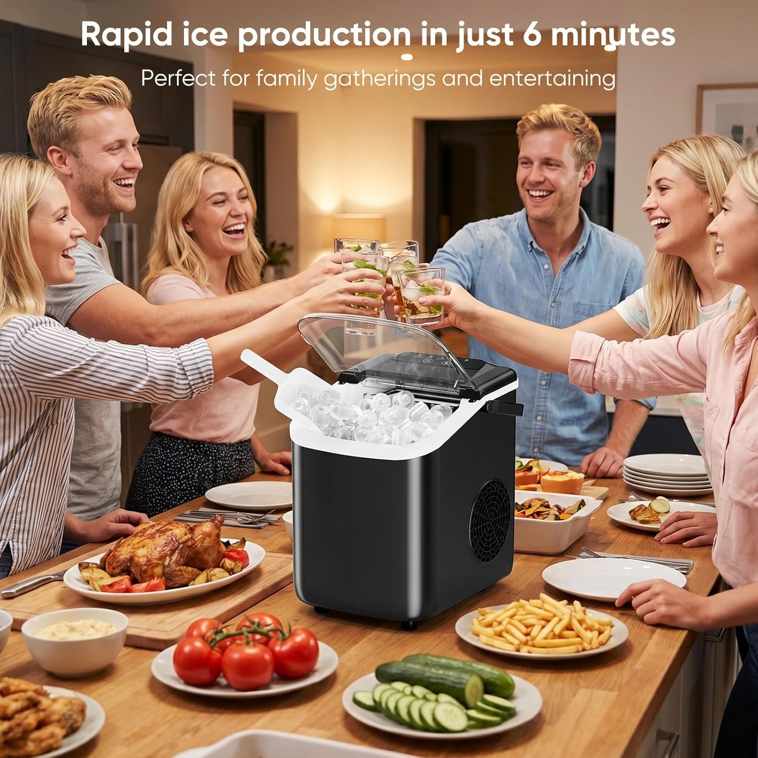 DUMOS Ice Maker Countertop, Ice Machine with Portable Handle, Basket and Scoop, 26lbs Daily, 9 Bullet Cubes in 6~8 Mins, Auto-Cleaning for Home, Kitchen, Office, Outdoors, RV Camping