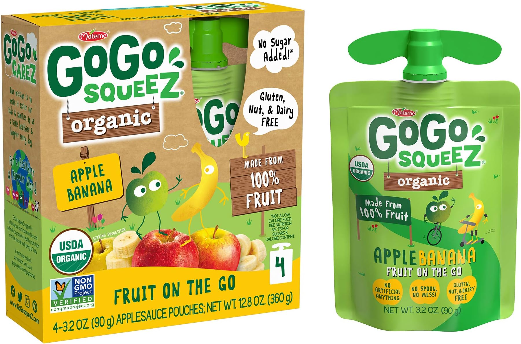 GoGo squeeZ Organic Applesauce, Apple Banana, 3.2 Ounce (4 Pouches), Gluten Free, Vegan Friendly, Unsweetened Applesauce, Recloseable, BPA Free Pouches