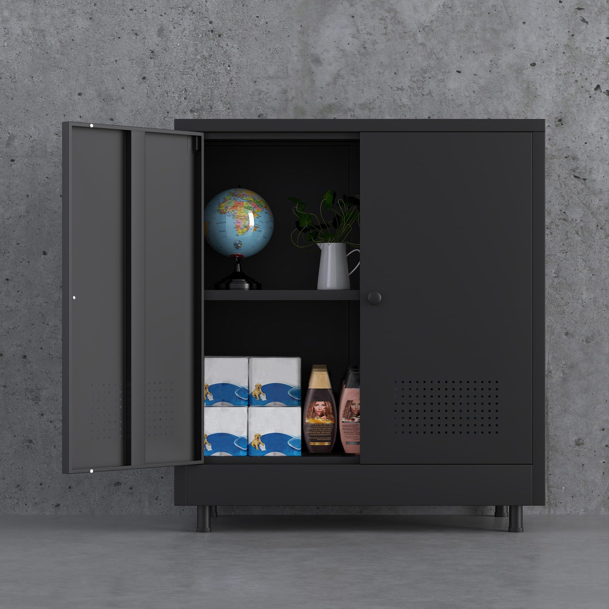 Aktenschrank Büroschrank Lagerschrank Metallschrank Stahlschrank Mehrzweckschrank Buffetschrank Flurschrank, Aufbewahrungsschrank aus Metall mit Verstellbarem Regal (Schwarz)