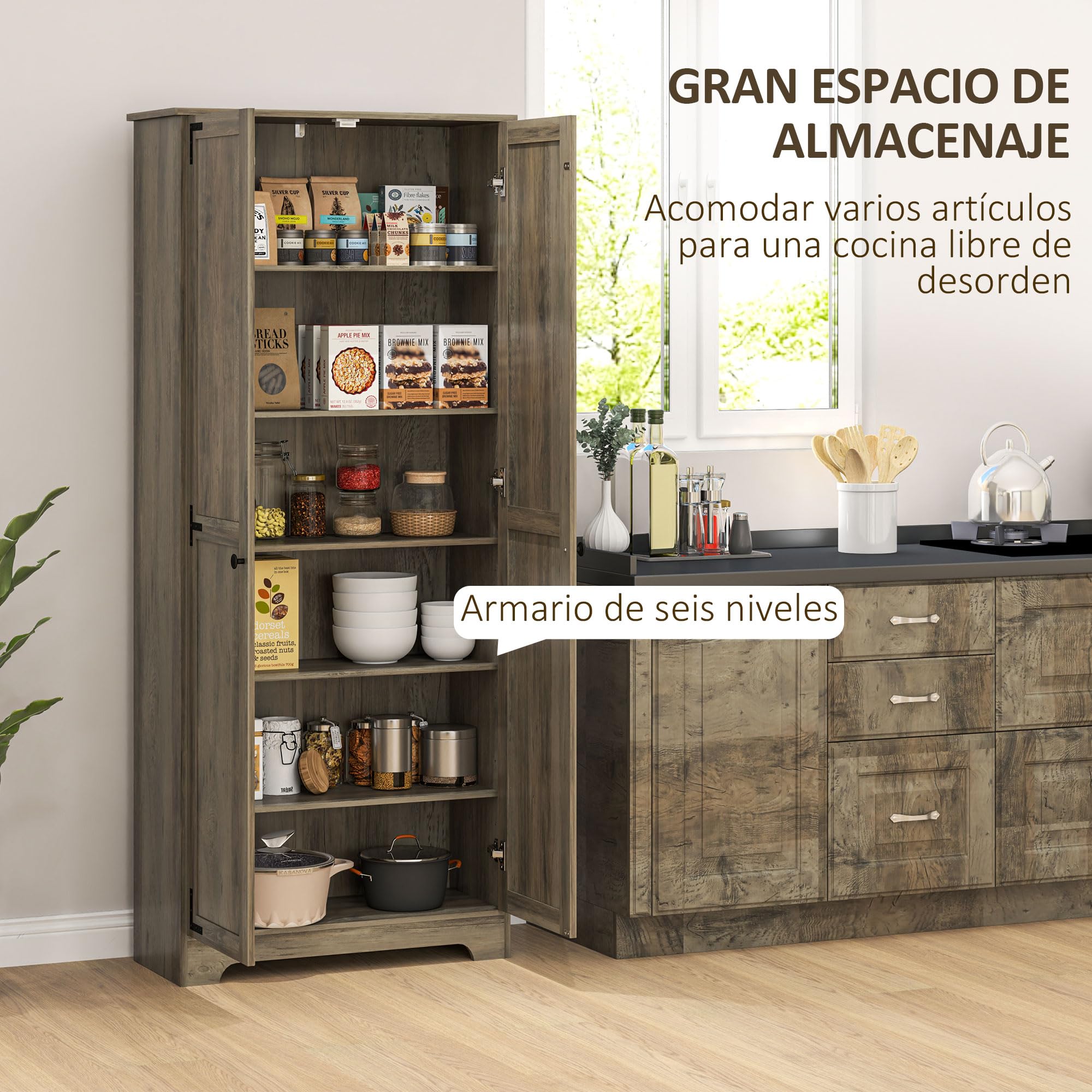 HOMCOM Alacena de Cocina Armario de Cocina Armario de Almacenaje con 2 Puertas y Estantes Ajustables para Comedor Salón 78x31,5x182 cm Marrón Grisáceo