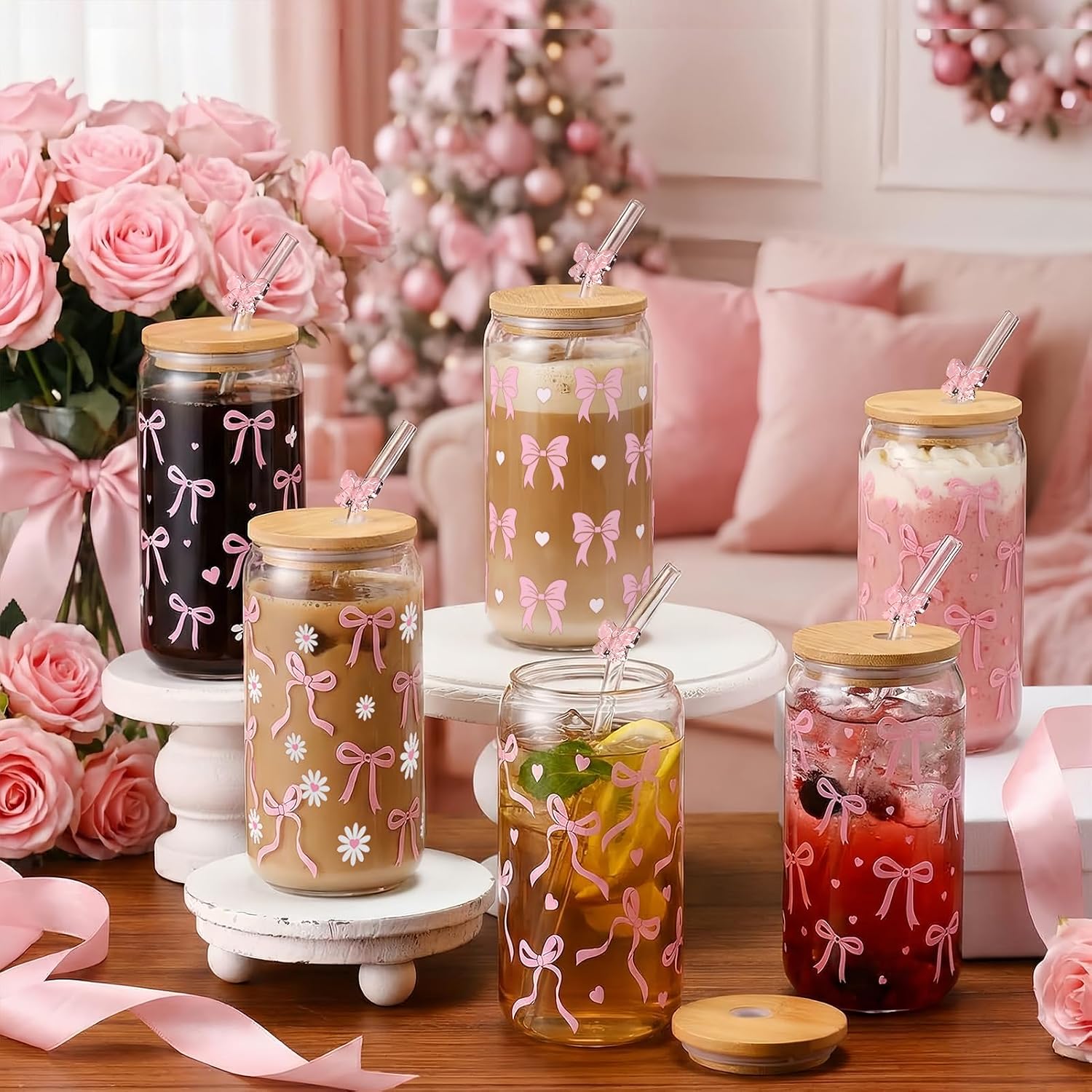Glass Cups with Lids and Straws, 6Pack, 16oz, Pink Bow