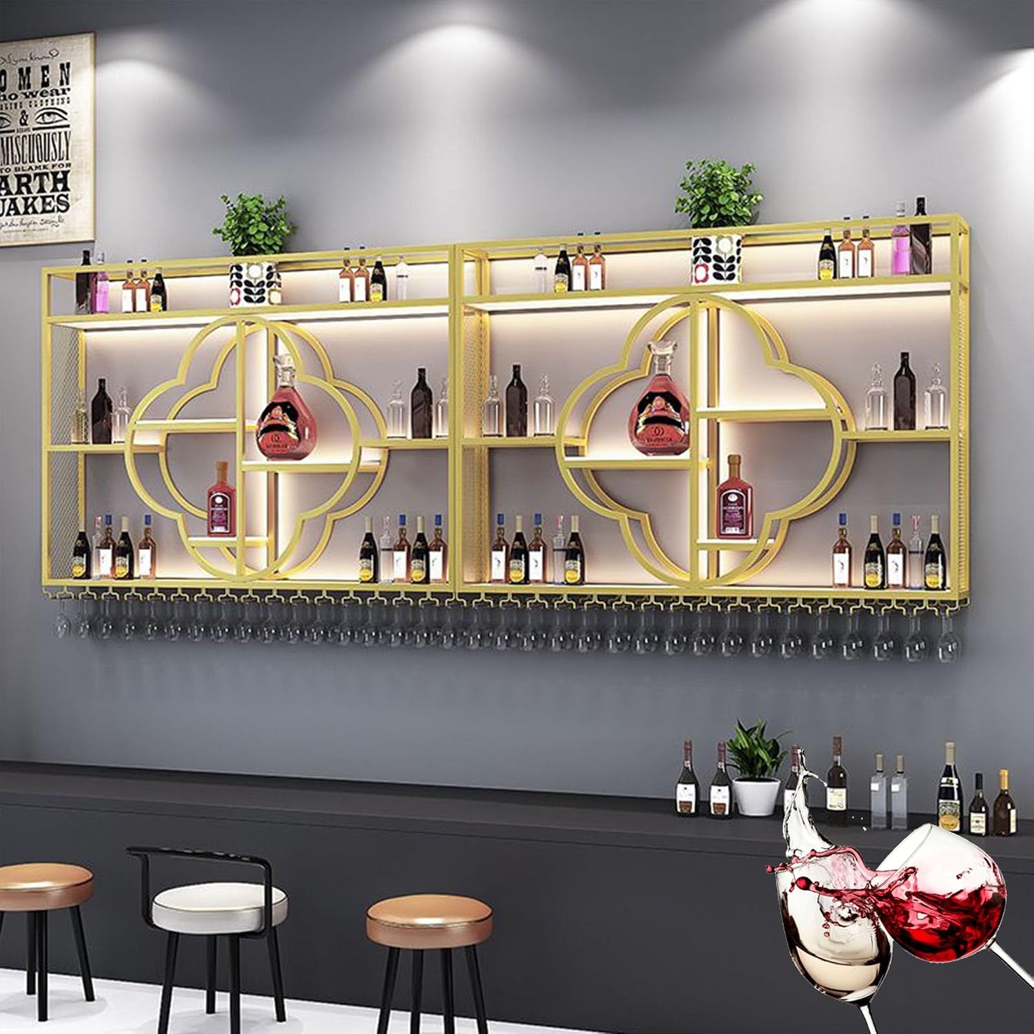 Wall Wine Rack Bar Shelves Wall Mounted Liquor Bottle Display Shelf with LED Light Wine Glass Rack for Liquor Bottles Kitchen Wall Shelf for Home Bar Dining Room Kitchen Restaurant(Black,100cm(39.37in