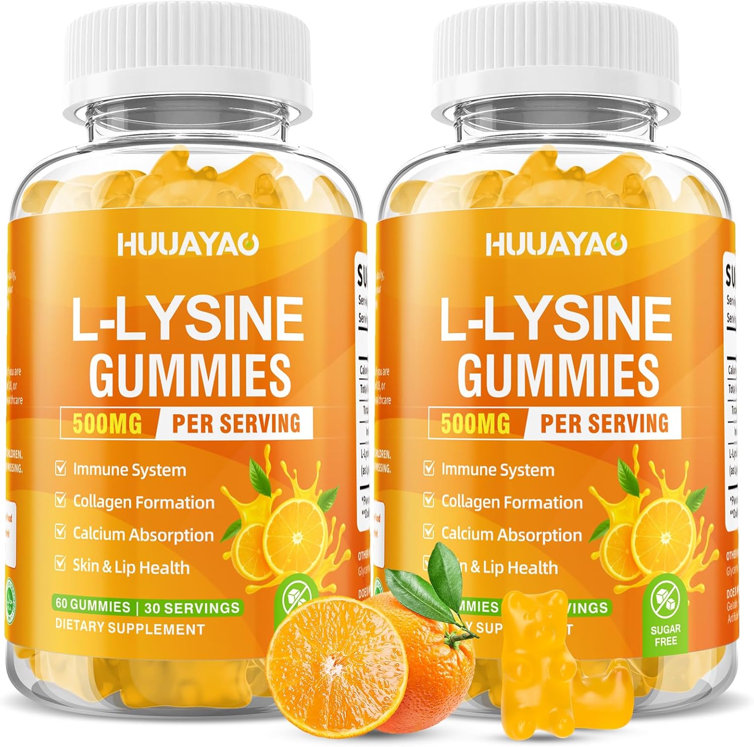 L-Lysine Gummies 500mg, Lysine Gummies Supplement for Immune Support & Skin Health, Collagen Formation Support, Vegan, Gluten Free Chewable Supplement for Adults & Kids, Orange Flavor, 120 Count