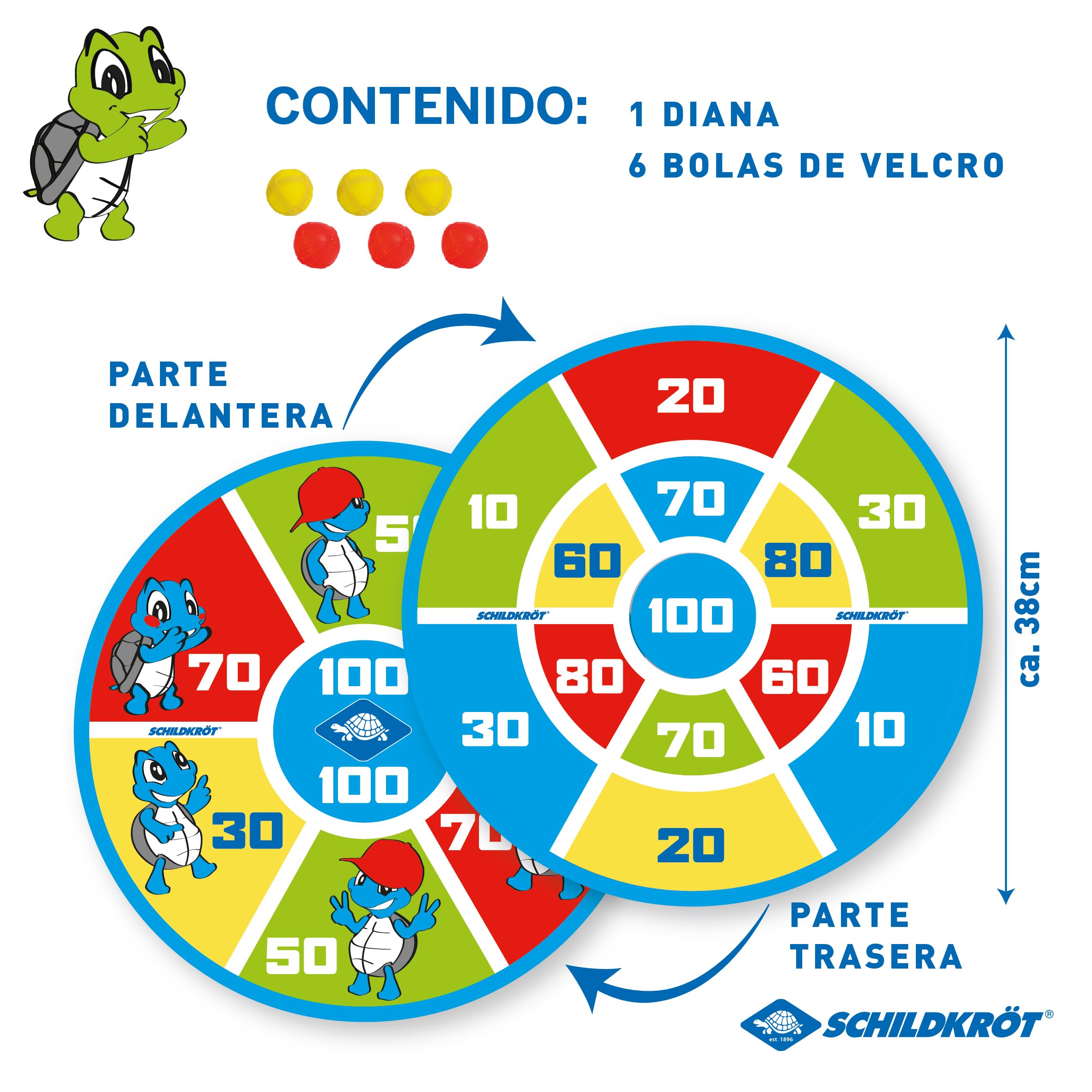 Schildkröt Juego de Dardos Blandos | Diana con Impresión a Doble Cara Ø 38 cm | 6 Bolas Adherentes para Niños y Familias | Juego de Dardos Seguro para Interior y Exterior
