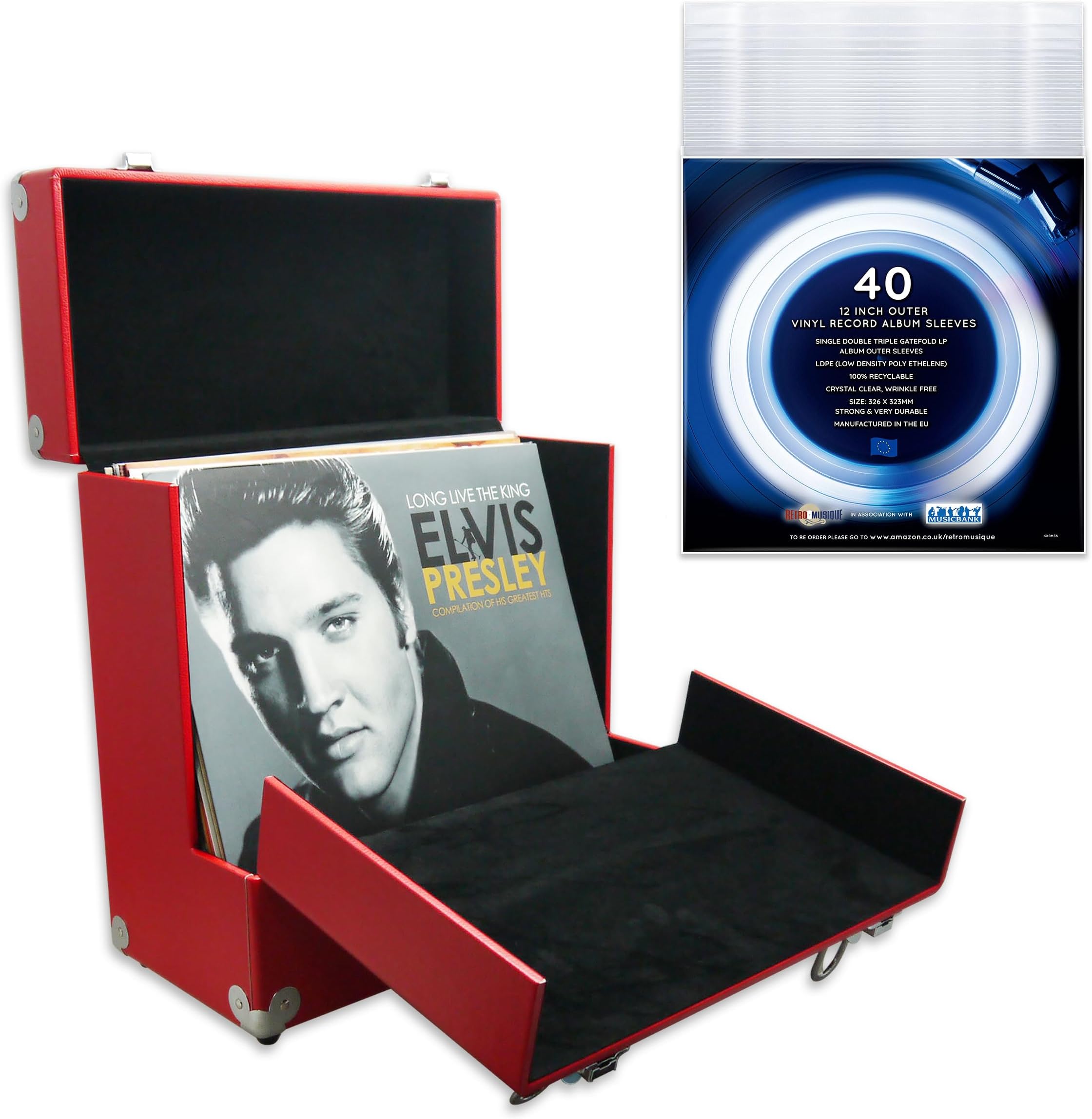 Retro musique 12" Vinyl Record Storage Case with Unique Folding Front Flap for Better Access to your LPs,Holds up to 35 LPs, includes 40 Vinyl Record Outer Sleeves (Red)