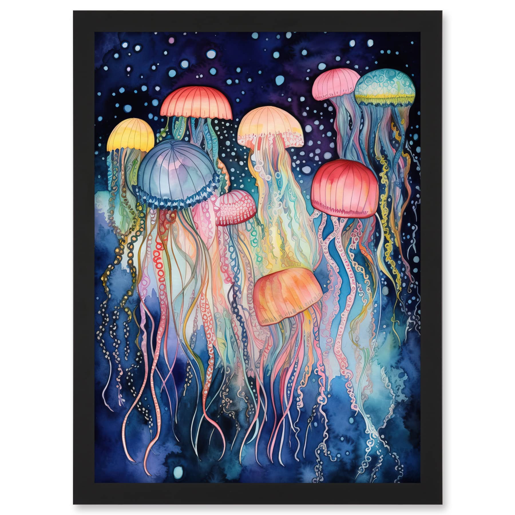 Artery8 Group Of Jellyfish Multicoloured Folk Art Watercolour Painting Artwork Framed A3 Wall Art Print