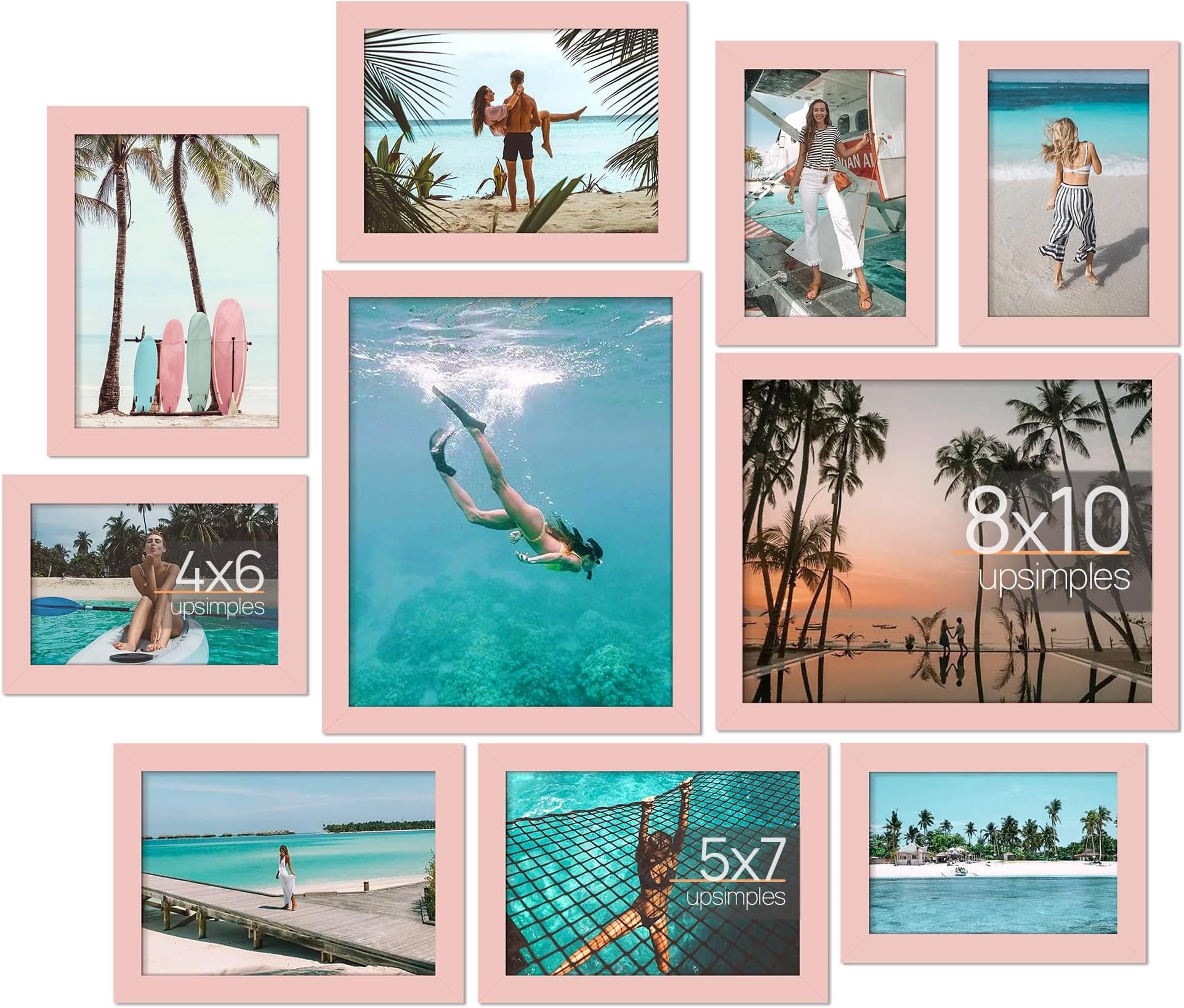 upsimples 10 Pack Picture Frames Collage Wall Decor for Mounting or Tabletop Display, Photo Gallery Frame Set for Family, Multi Sizes Including 8x10, 5x7, 4x6, Pink