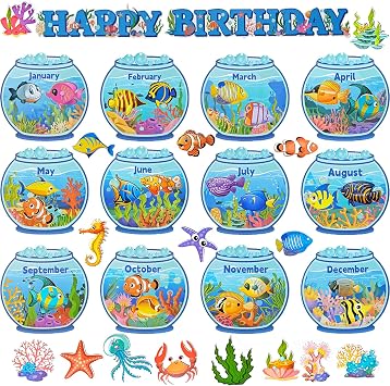 Happy Birthday Under The Sea Ocean Beach Theme Paper Bulletin Board Set Classroom Decoration Sea Life Cutouts 12 Months Calendar for Teachers Elementary Middle School Office Back to School Decor